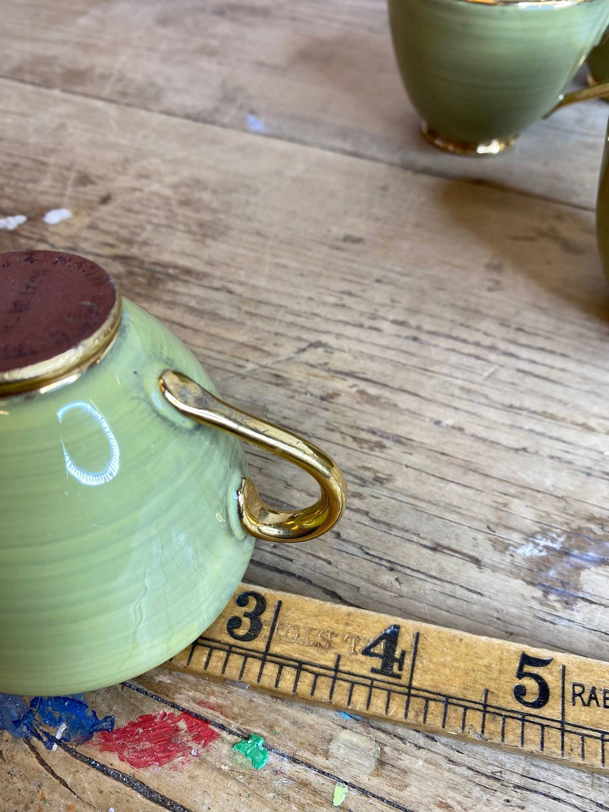 Vintage 11 Piece Studio Pottery Coffee Set 5 Green And Gold Terracotta Coffee Cans / Espresso Cups And Saucers And Milk Jug Good Condition photo buy