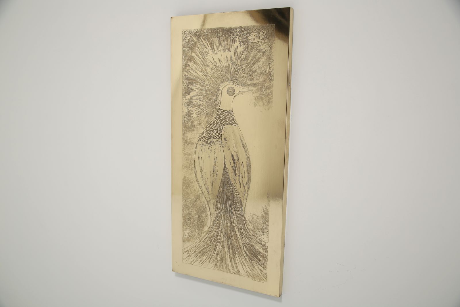 Wall Mounted Acid Etched Brass Art Pheasant Wall Panel By Christian Krekels, 1977. photo vintage