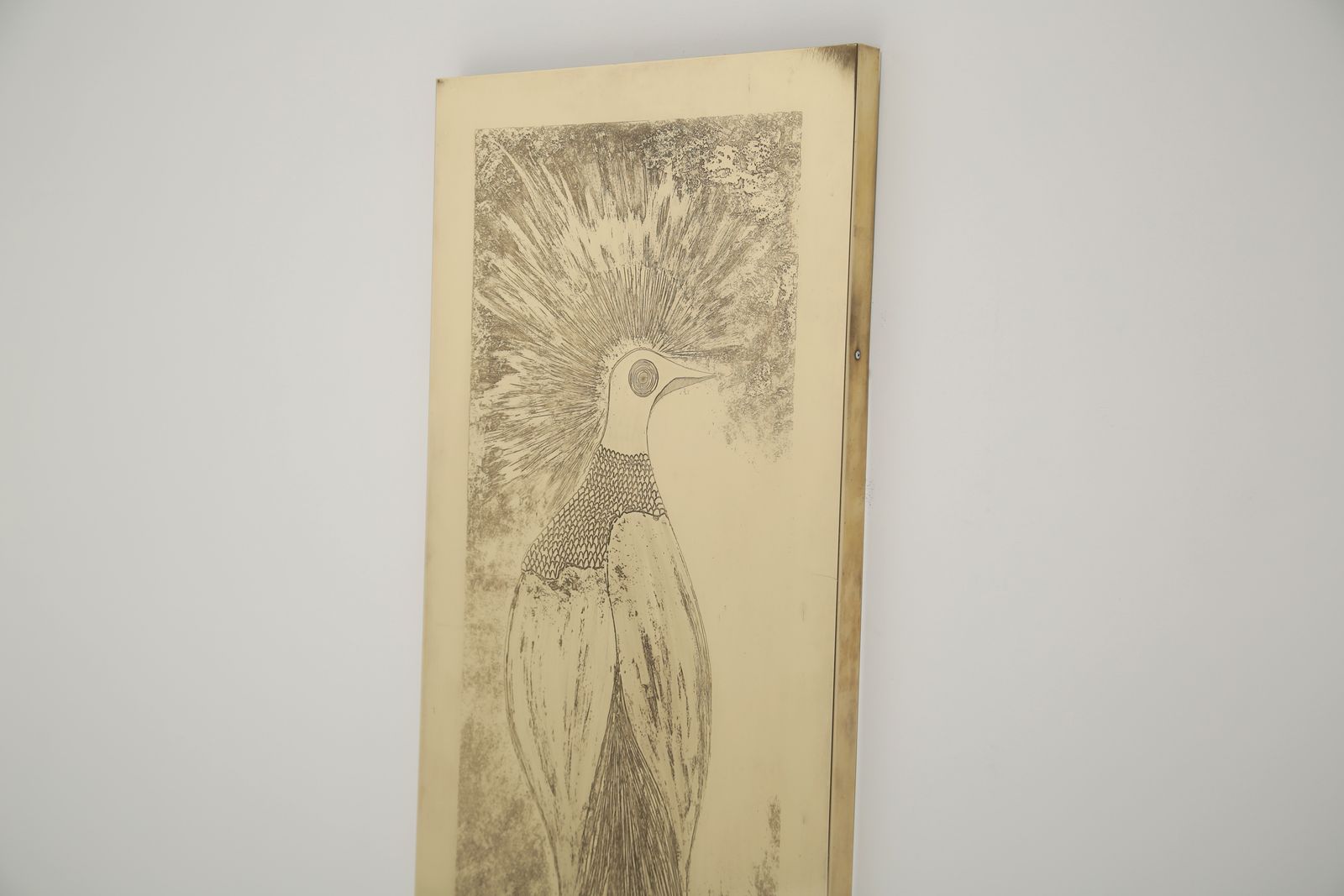 6295.0 Wall Mounted Acid Etched Brass Art Pheasant Wall Panel By Christian Krekels, 1977. photo