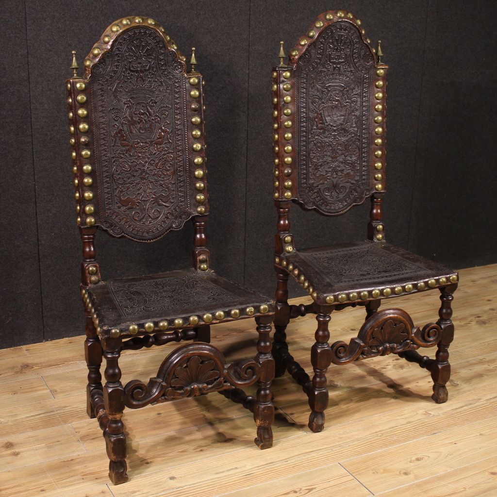 Pair Of 18th Century Antique Italian Leather Chairs