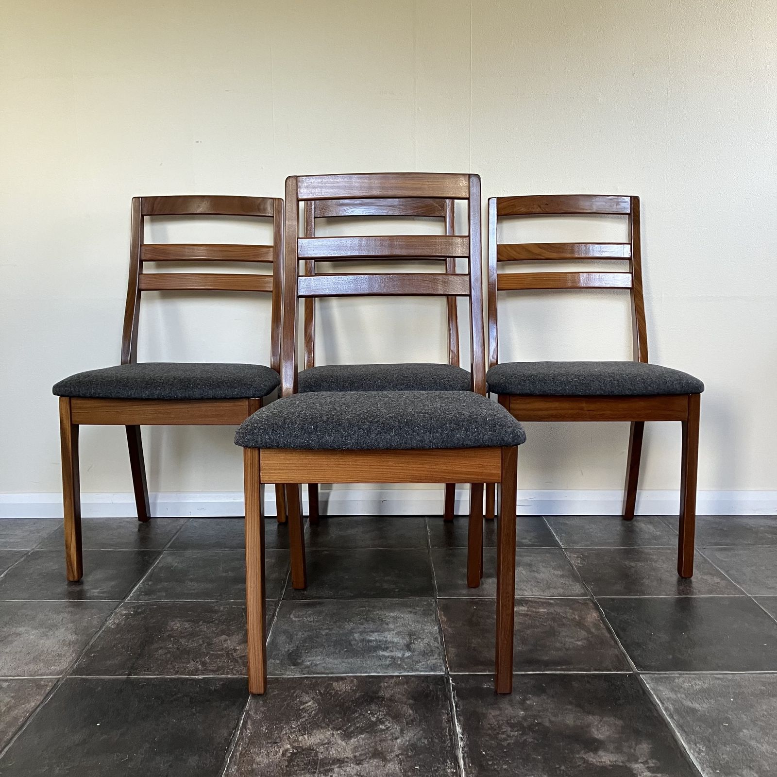 Mid Century Ladder Back Teak Dining Chairs By Nathan: Reupholstered Anthracite Grey Wool, Scandi Design, Set Of 4 photo 545.0