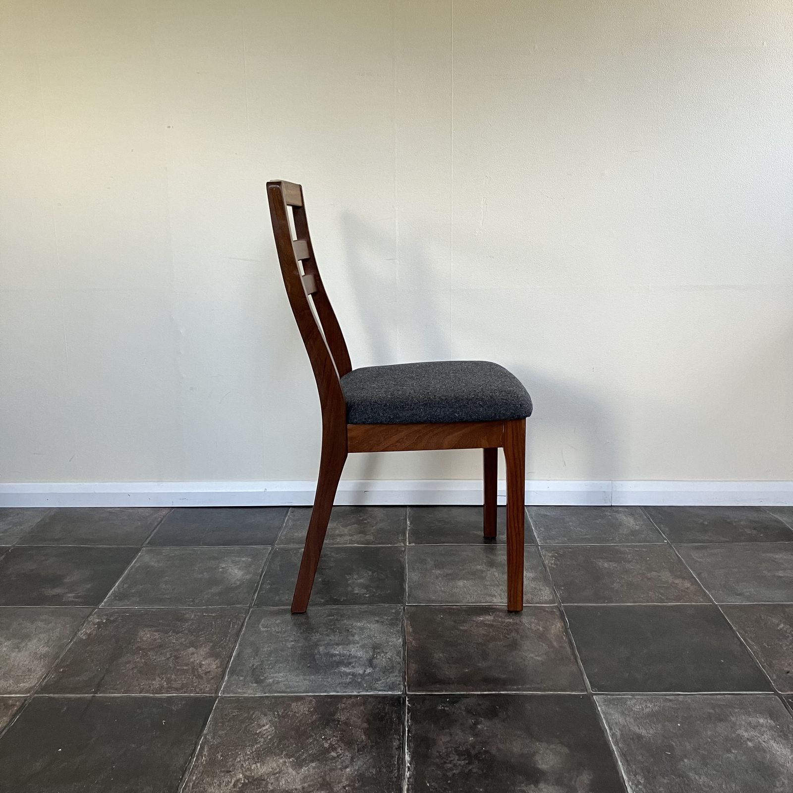 Mid Century Ladder Back Teak Dining Chairs By Nathan: Reupholstered Anthracite Grey Wool, Scandi Design, Set Of 4 photo Furniture