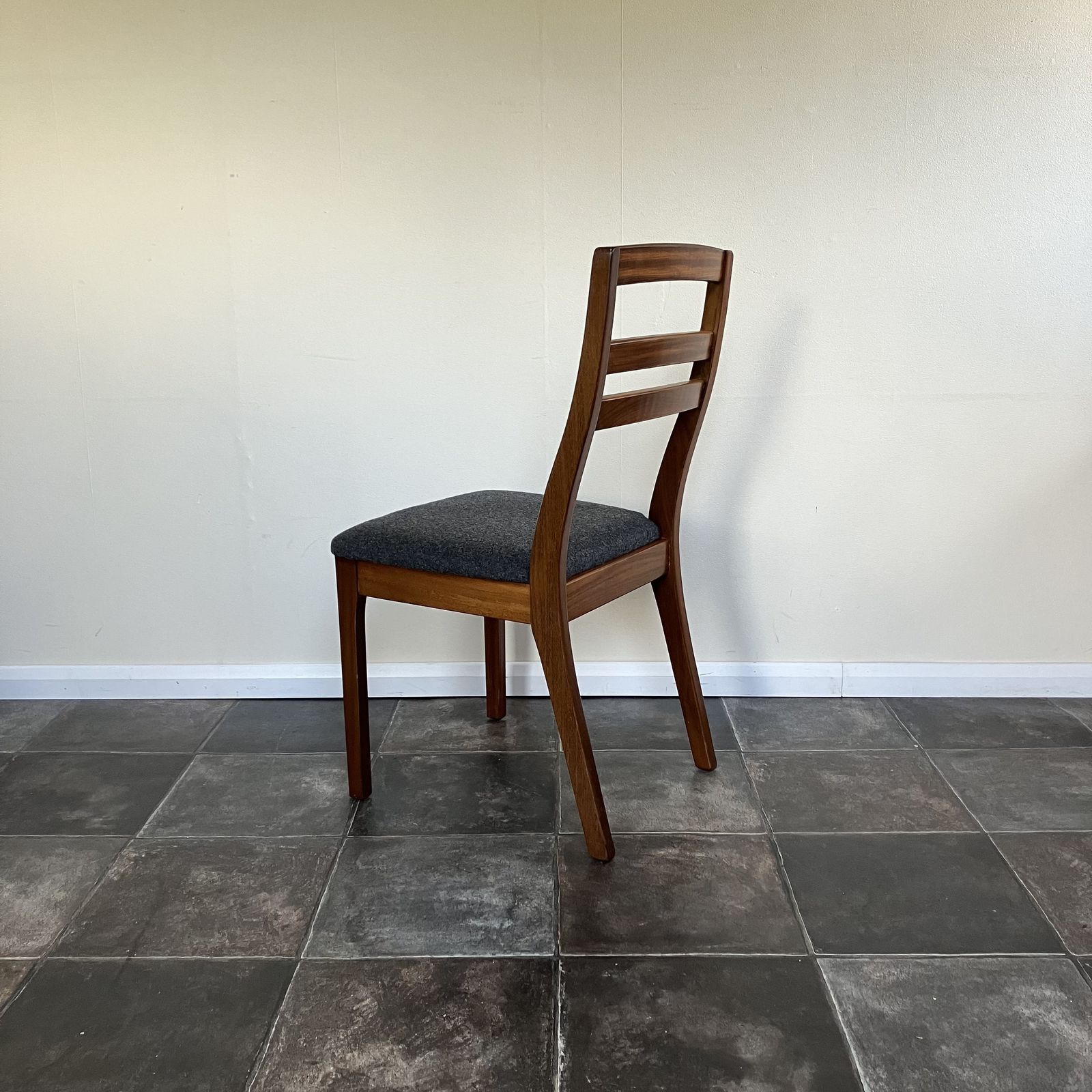 photo buy Mid Century Ladder Back Teak Dining Chairs By Nathan: Reupholstered Anthracite Grey Wool, Scandi Design, Set Of 4