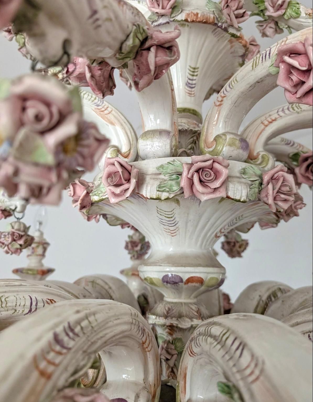 photo for sale Rare Large 3 Tier Italian Porcelain Chandelier 1950s 24 Lights Capodimonte Style