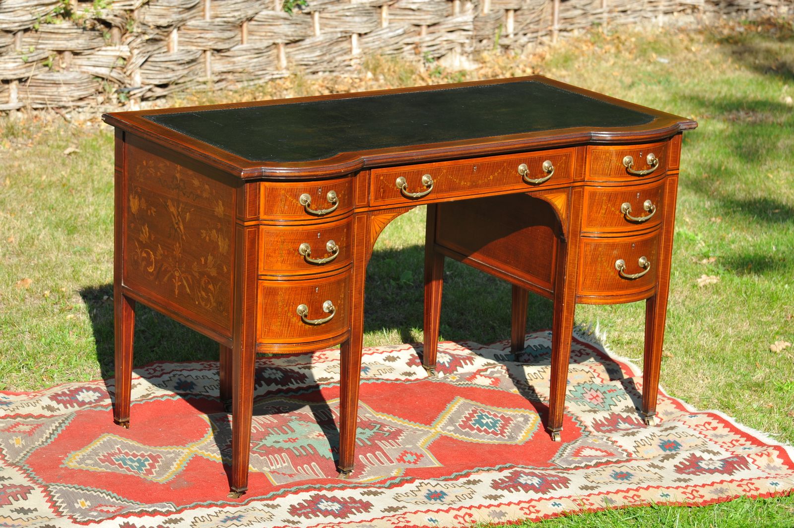 Maple & Co Antique Seven Drawer Twin Pedestal Leather Lined Inlaid Writing Desk