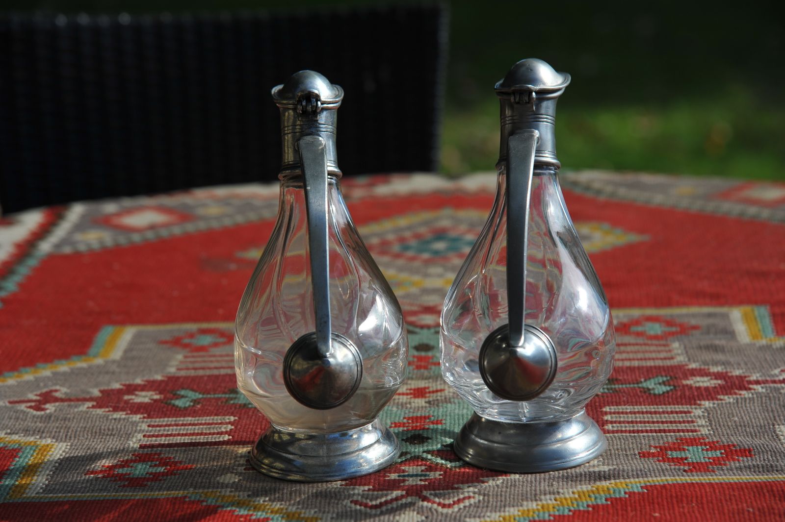A Pair Of Vintage Italian Glass And Pewter Stylised Duck Decanters photo for sale
