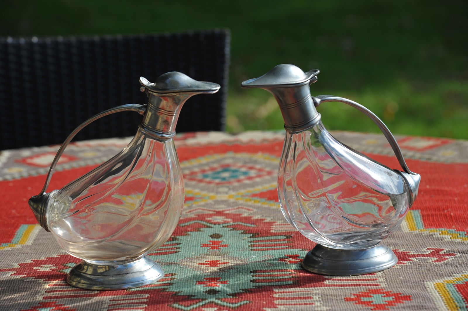 A Pair Of Vintage Italian Glass And Pewter Stylised Duck Decanters photo vintage