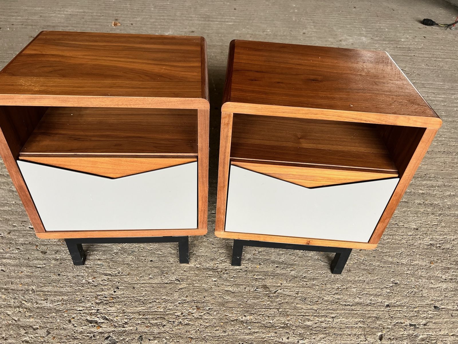 Pair Of Mid Century Modern Bedside Tables – Real Wood Veneer, Black Legs, Nightstands