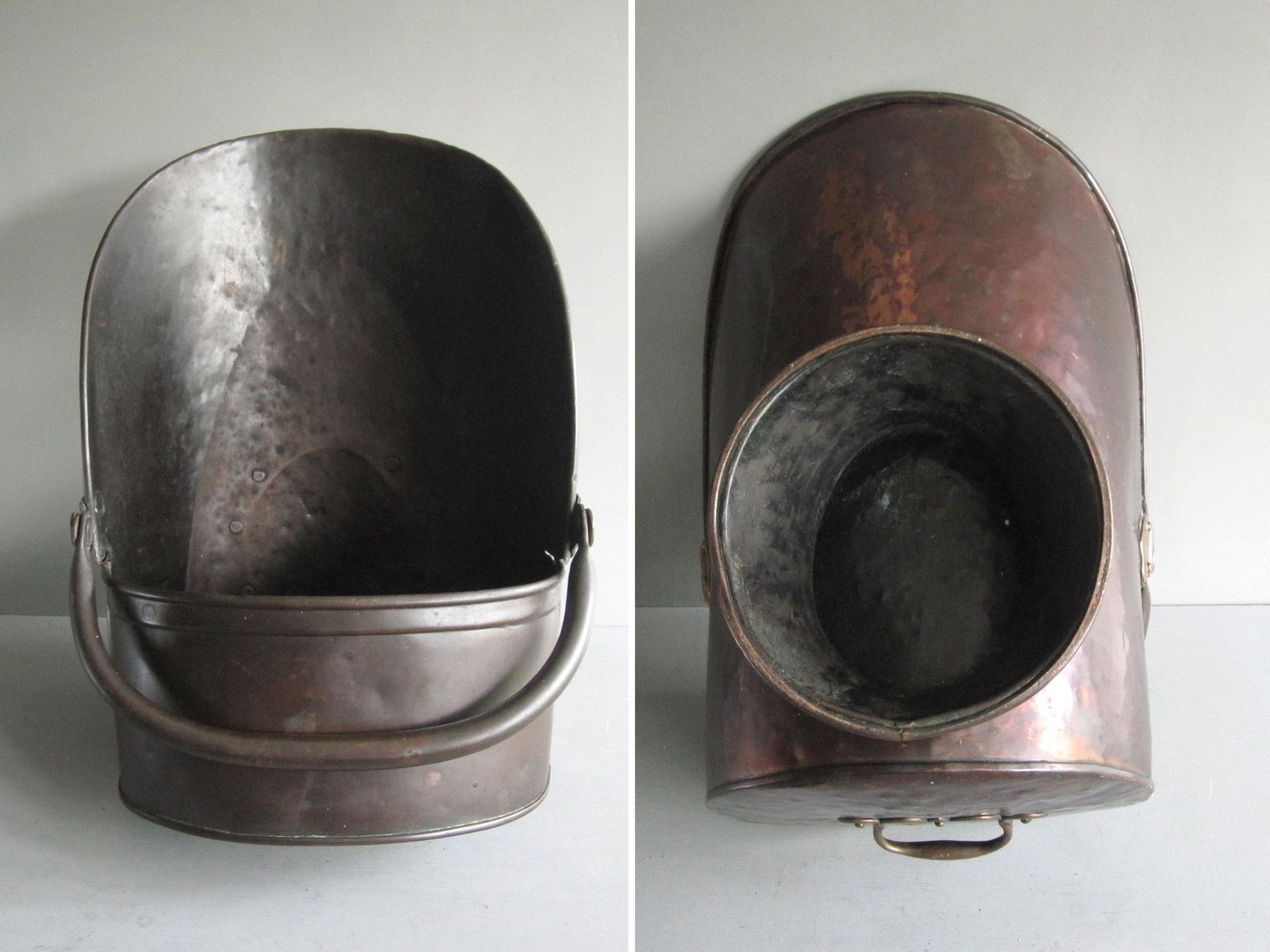 Antique Large Copper Helmet Shaped Scuttle Bucket photo vintage