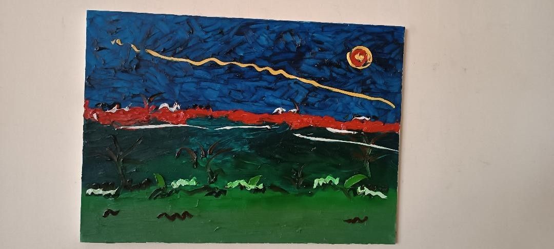 Peinture Abstraite à L'huile Sur Toile  Années 90 Matériau 60x50 Cm photo vintage