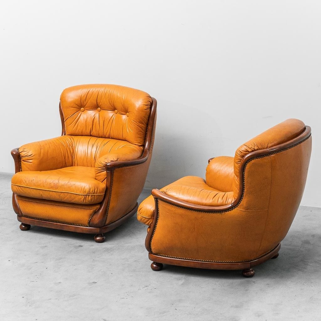 Pair Of 1950s Vintage Modern Leather And Wood Armchairs