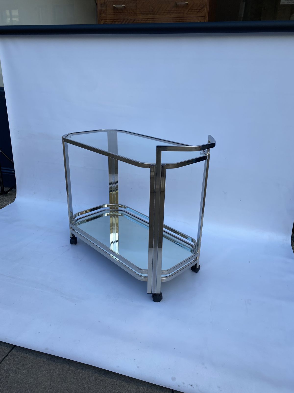 photo buy Romeo Rega Chrome Bar Cart Drinks Trolley Table Glass Hollywood Regency 1970s