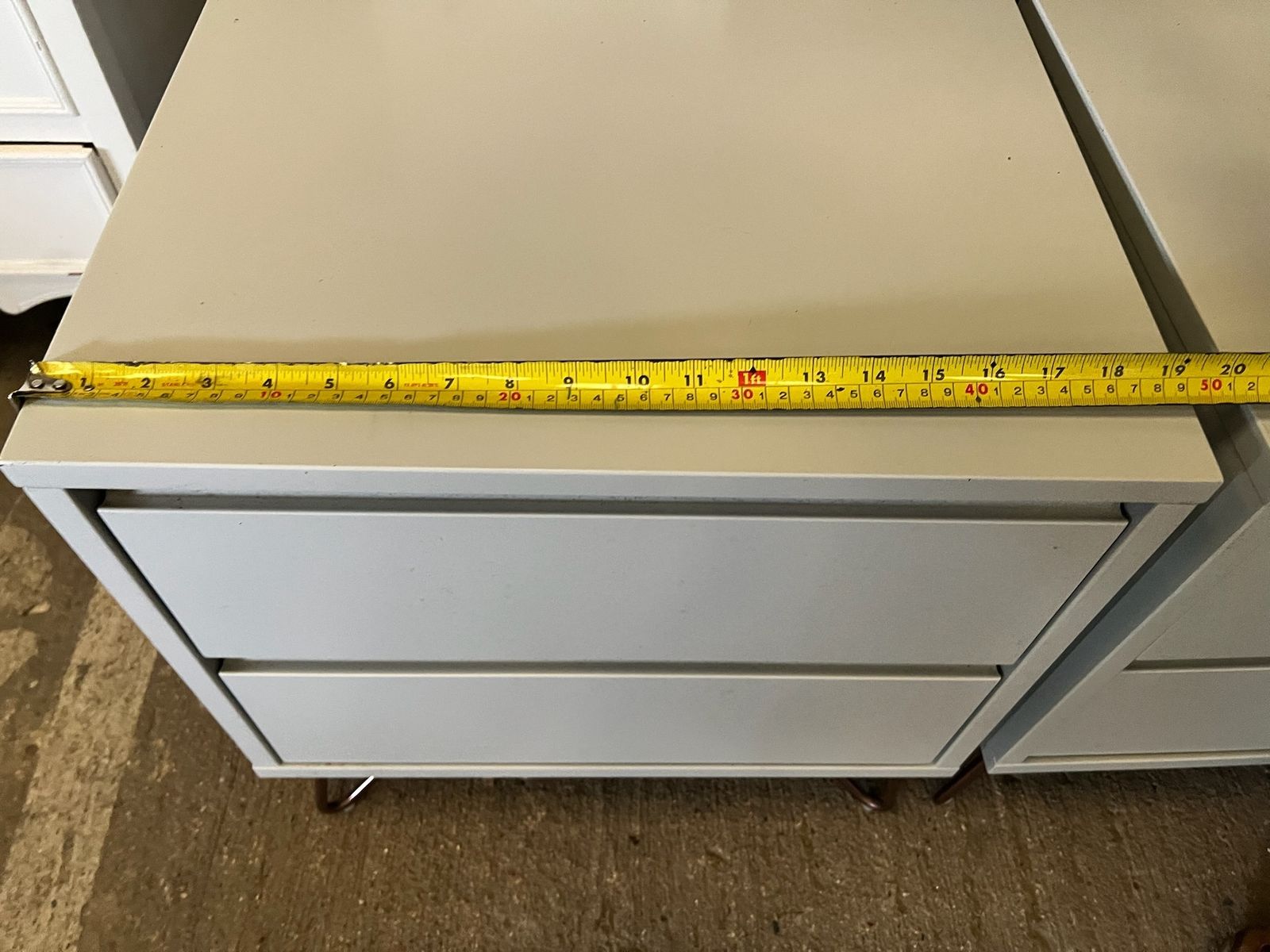Pair Of Made.Com Grey Bedside Tables – 2 Drawer Nightstands With Copper Hairpin Legs photo 220.0