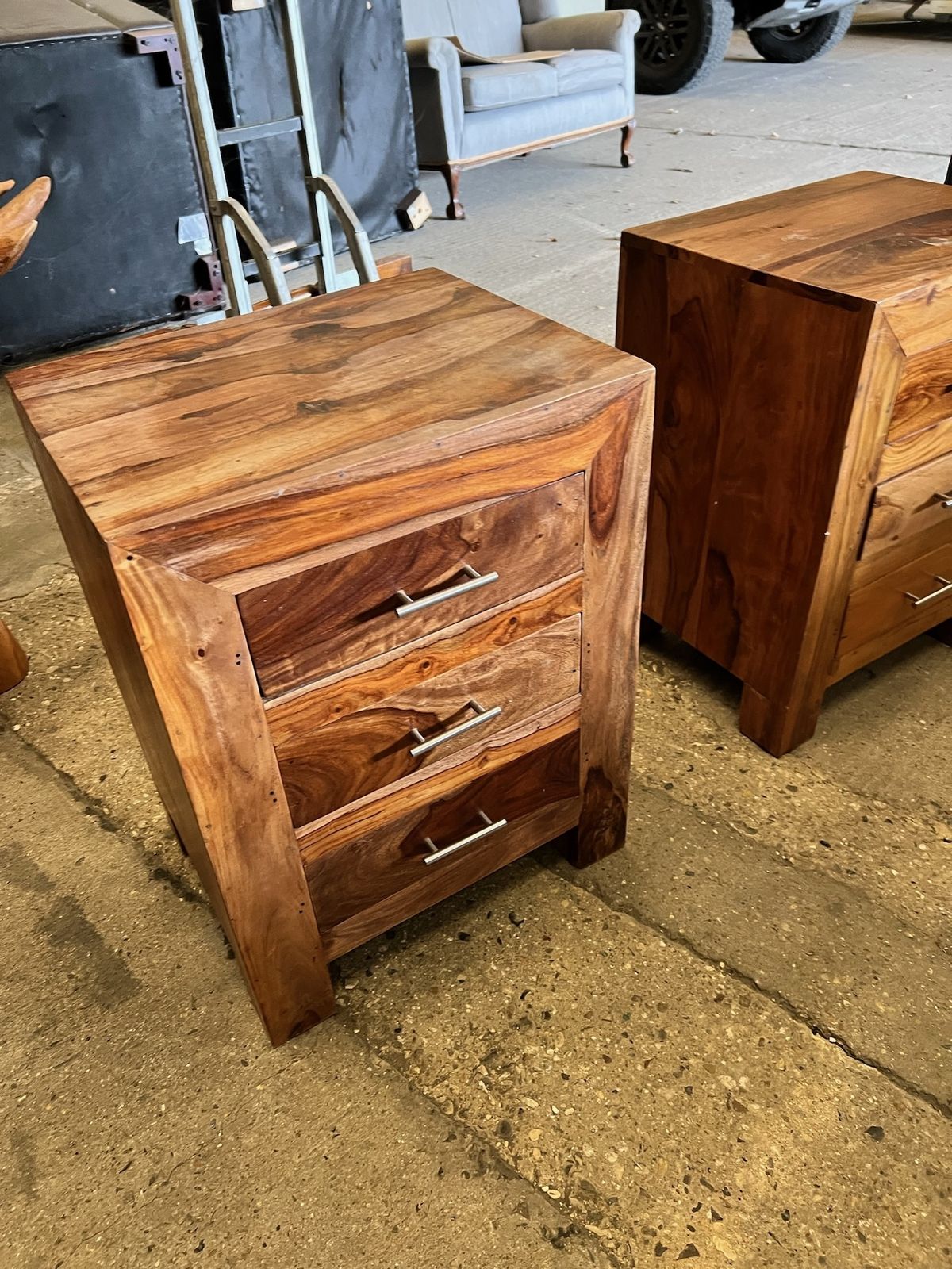 Pair Of Solid Mango Wood Bedside Tables – 3 Drawer Nightstands With Brushed Steel Handles photo 180.0