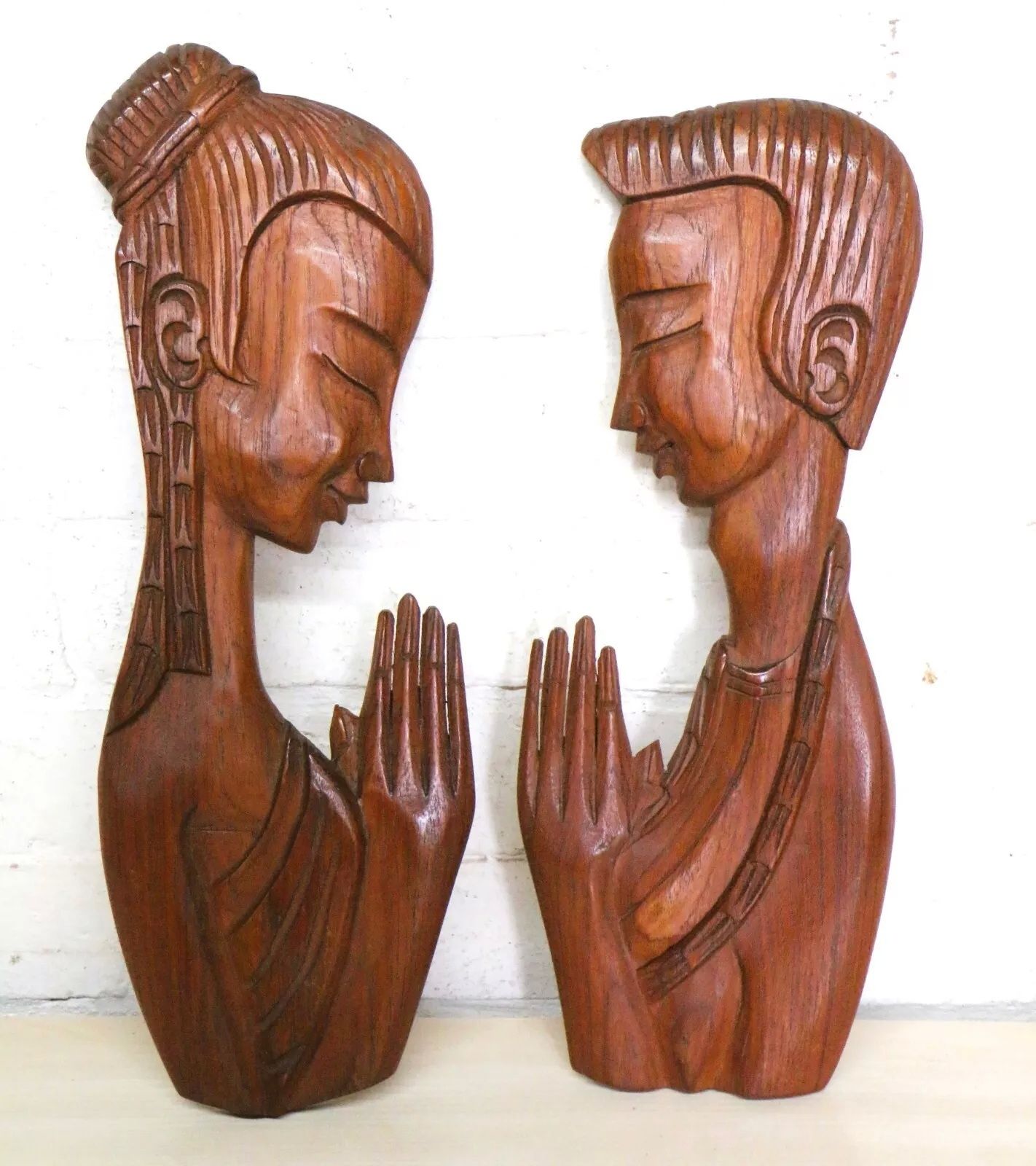 Pair Mid Century Retro Tretchikoff Era Carved Matching Wall Plaques Boy & Girl photo for sale