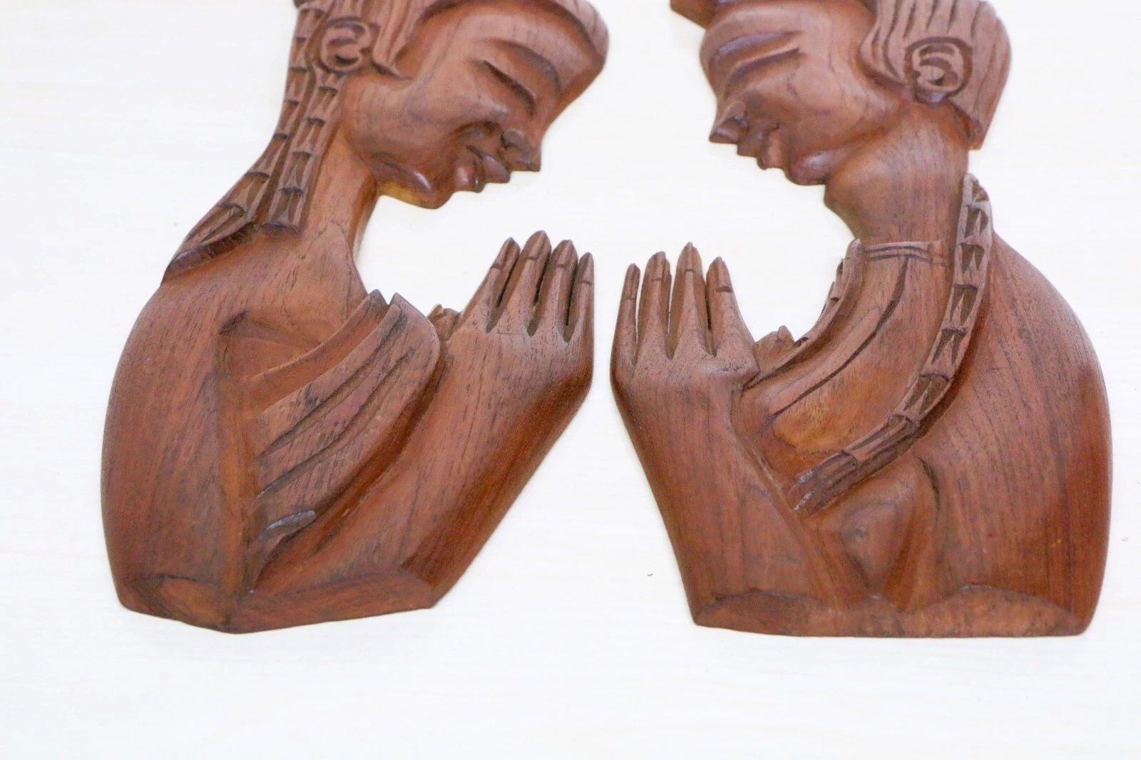 Pair Mid Century Retro Tretchikoff Era Carved Matching Wall Plaques Boy & Girl photo vintage