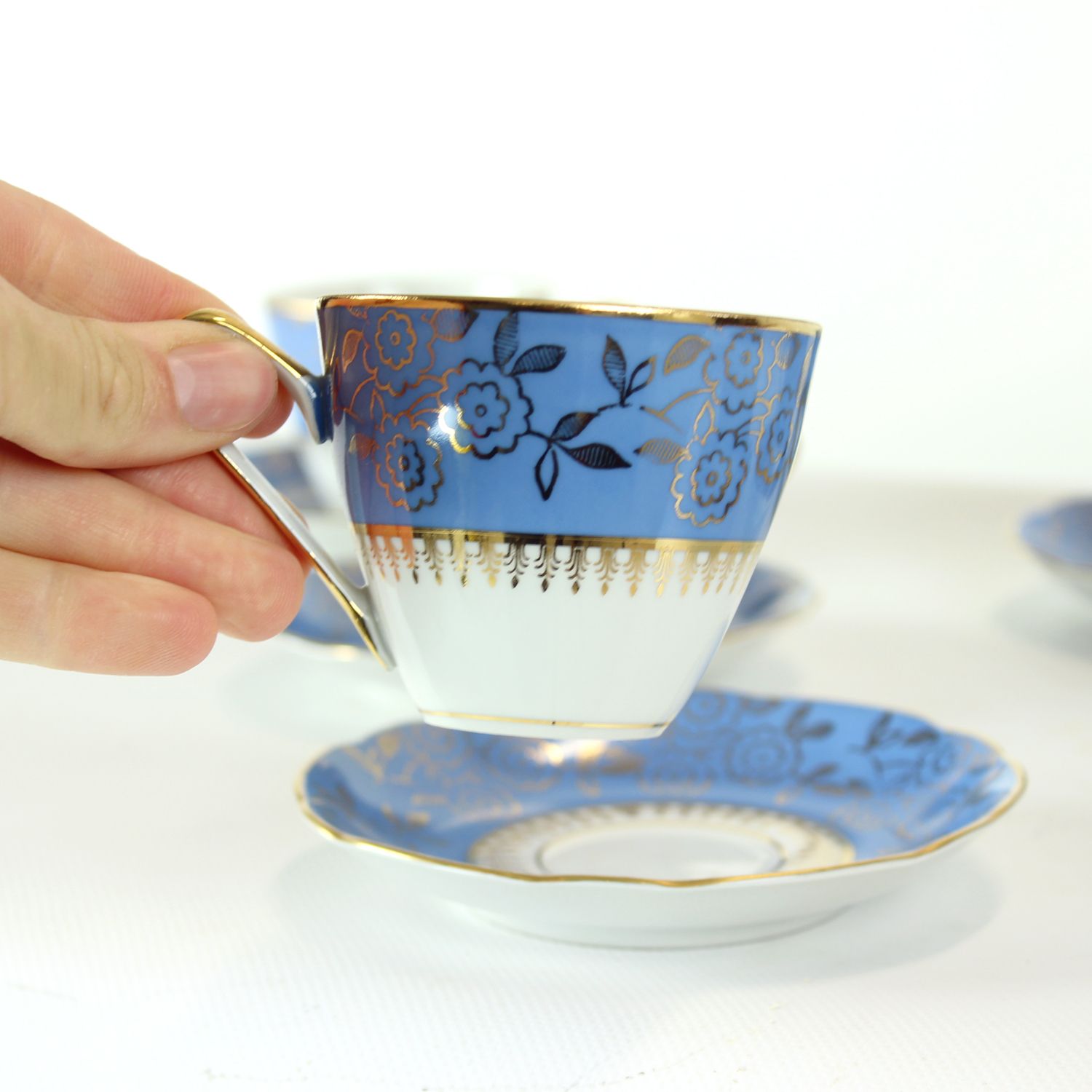 Vintage Blue & Gold Porcelain Tea Set By Stará Role, Czechoslovakia, 1950s photo vintage