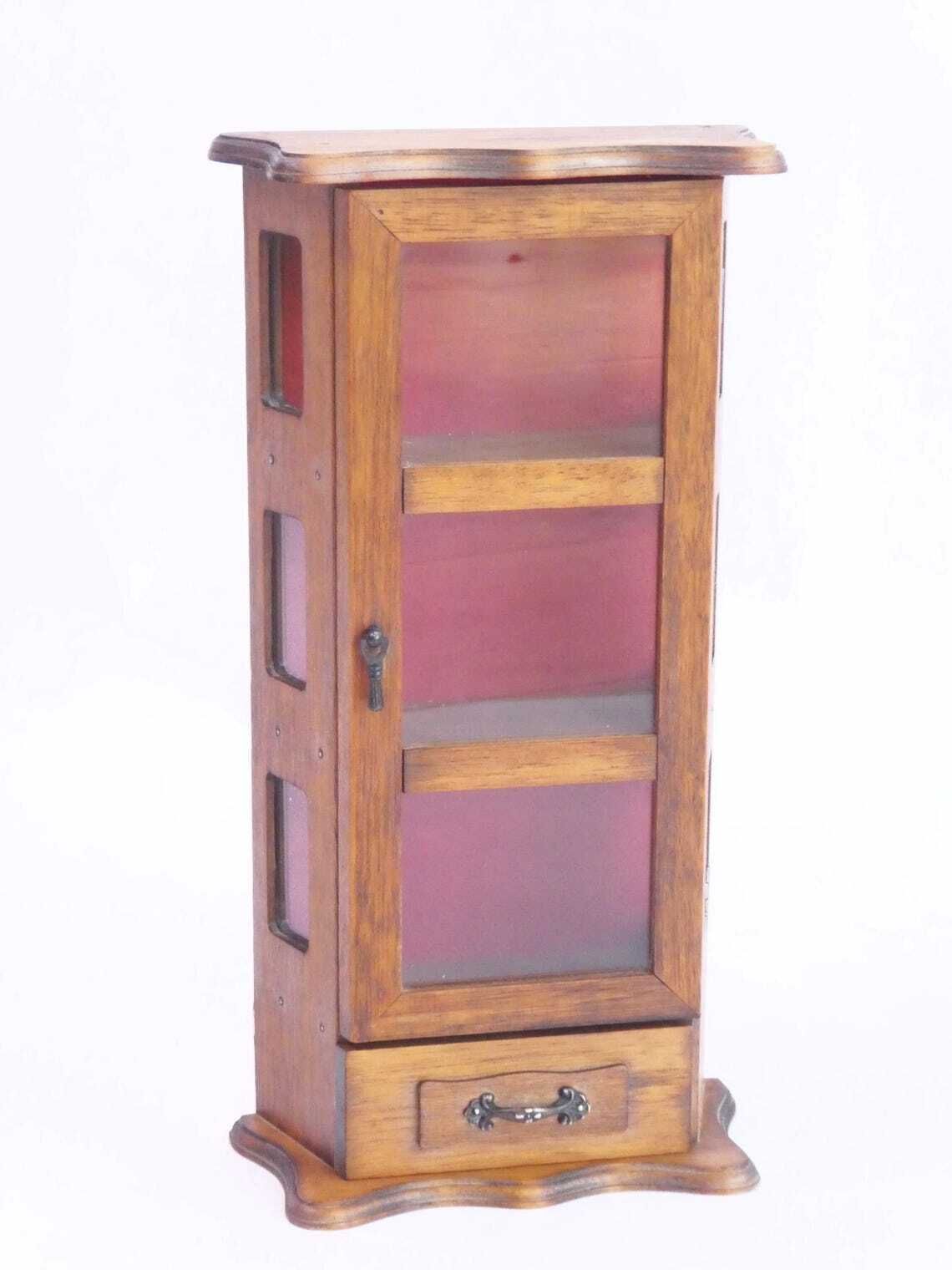 Small Wooden Curio Cabinet With Red Fabric Background, Standing Display Cabinet Trinket Cabinet photo furniture