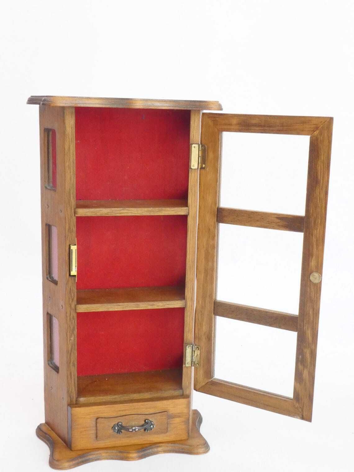 Small Wooden Curio Cabinet With Red Fabric Background, Standing Display Cabinet Trinket Cabinet photo vinterior