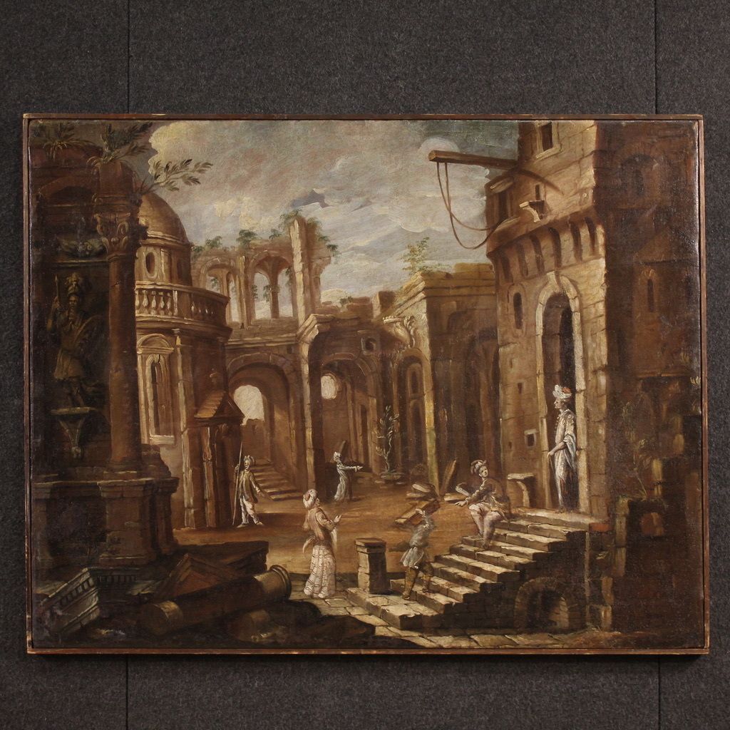 Antique Italian Painting From The 18th Century, Architectural Capriccio With Figures photo furniture