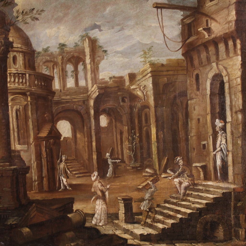 Antique Italian Painting From The 18th Century, Architectural Capriccio With Figures
