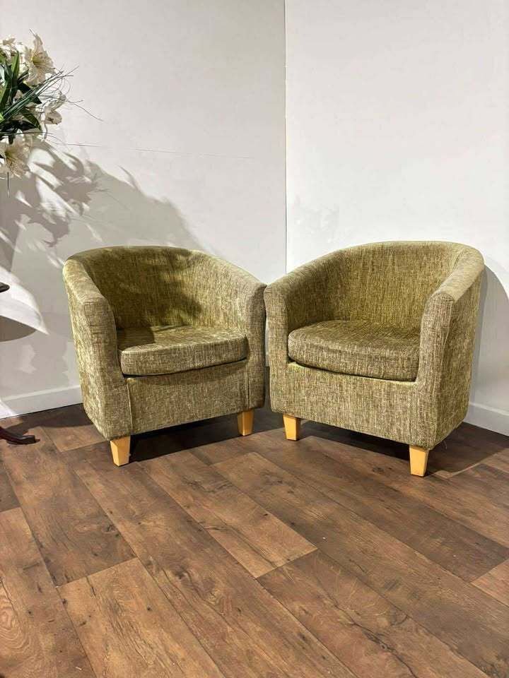 Pair Of Chenille Lime Green Tub Chairs