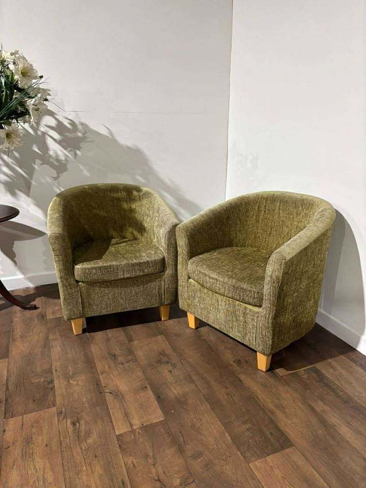 Furniture Pair Of Chenille Lime Green Tub Chairs photo