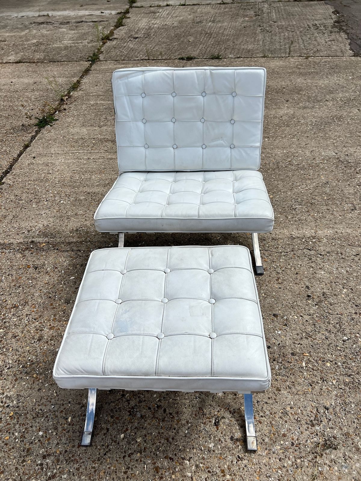 White Barcelona Chair With Matching Footstool – Chrome Frame – Used Condition