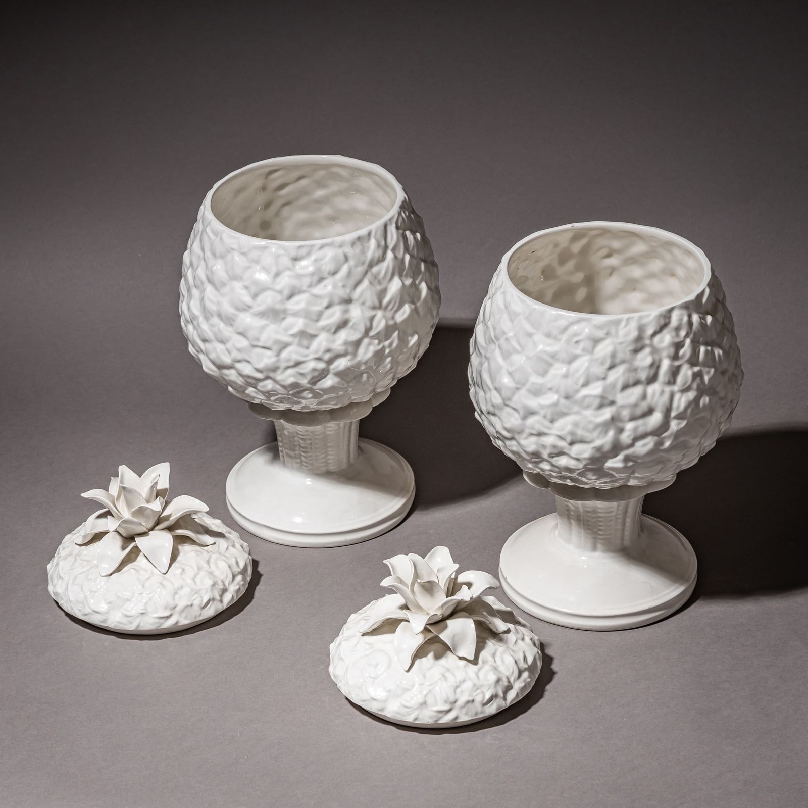 Pair Of Pineapple Lidded Vases In Porcelain, 20th Century photo for sale