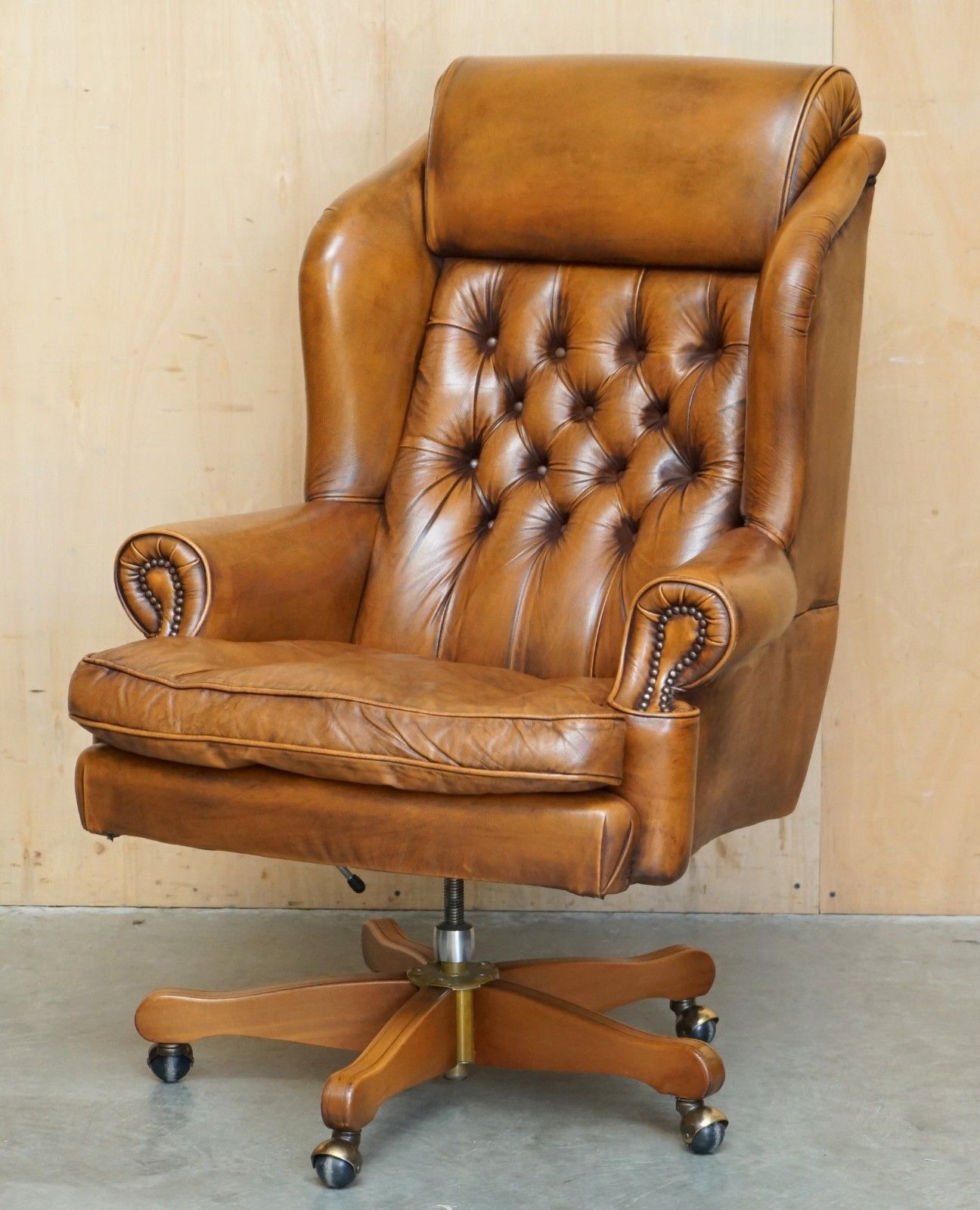 Lovely Vintage Brown Leather Chesterfield Tufted Wingback Captains Armchair photo furniture