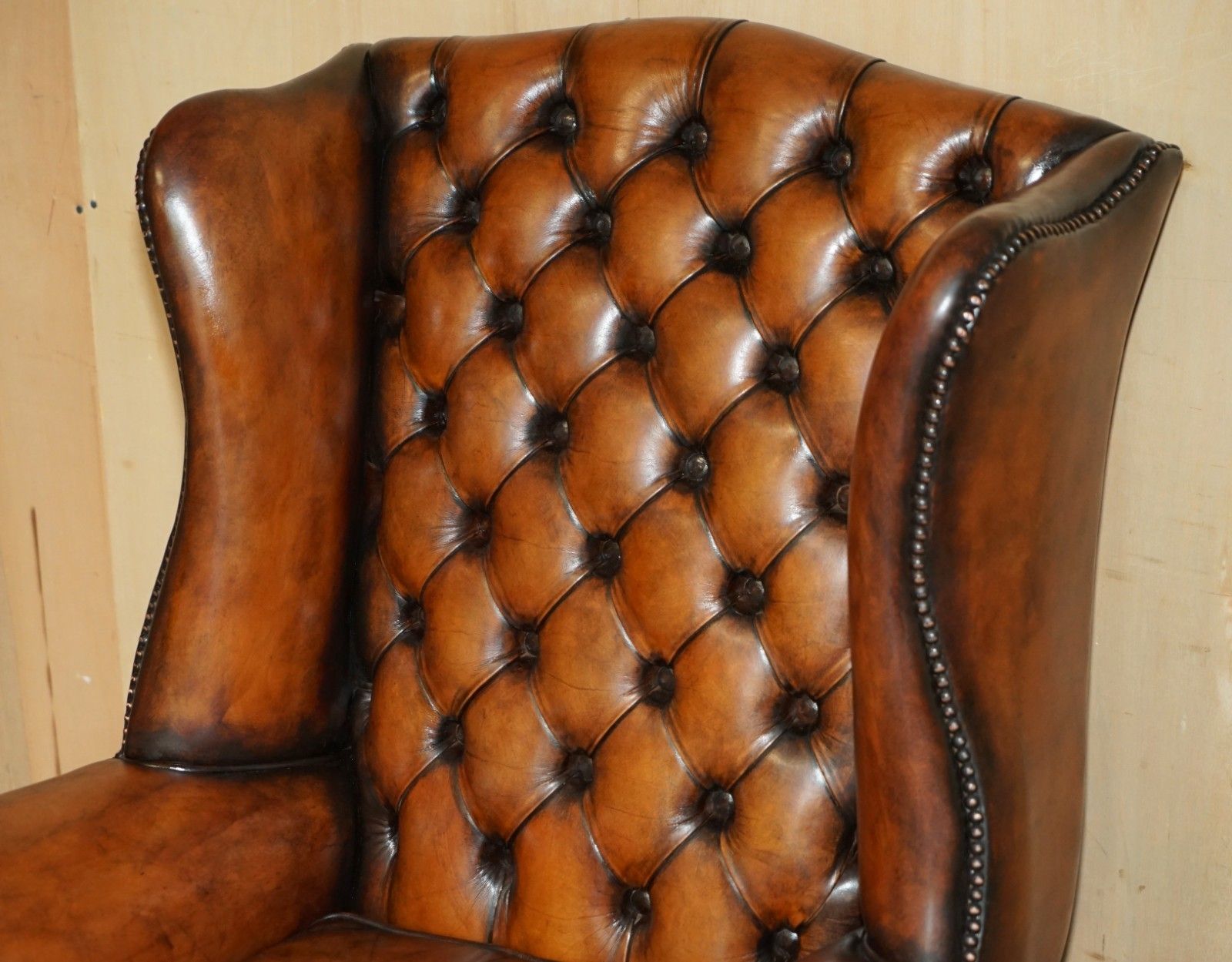 Comfortable Restored Whiskey Brown Leather Tufted Chesterfield Wingback Armchair photo 2500.0