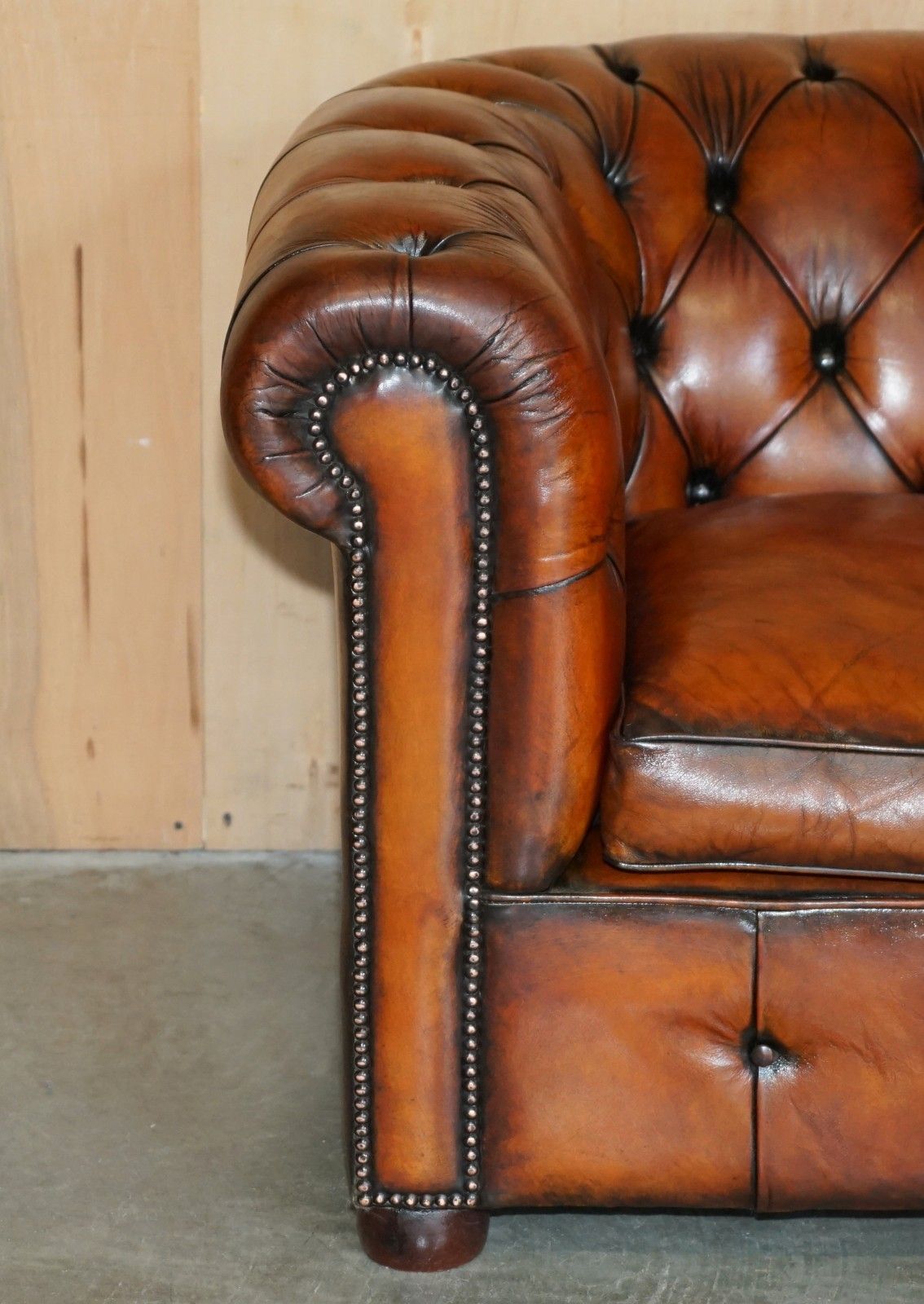 1930's Hand Dyed Restored Whiskey Brown Leather Chesterfield Tufted Club Sofa photo Furniture