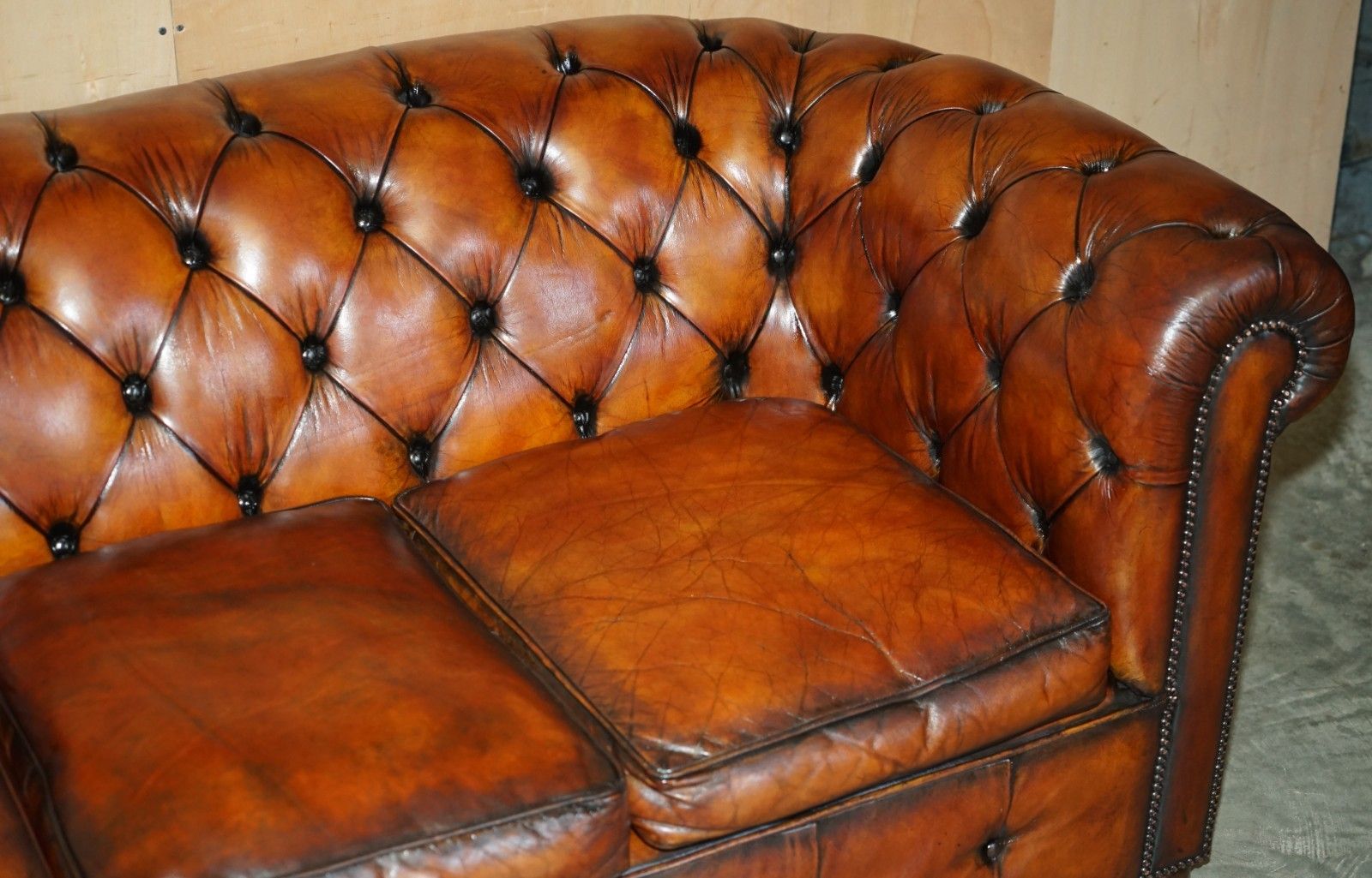 1930's Hand Dyed Restored Whiskey Brown Leather Chesterfield Tufted Club Sofa photo vintage