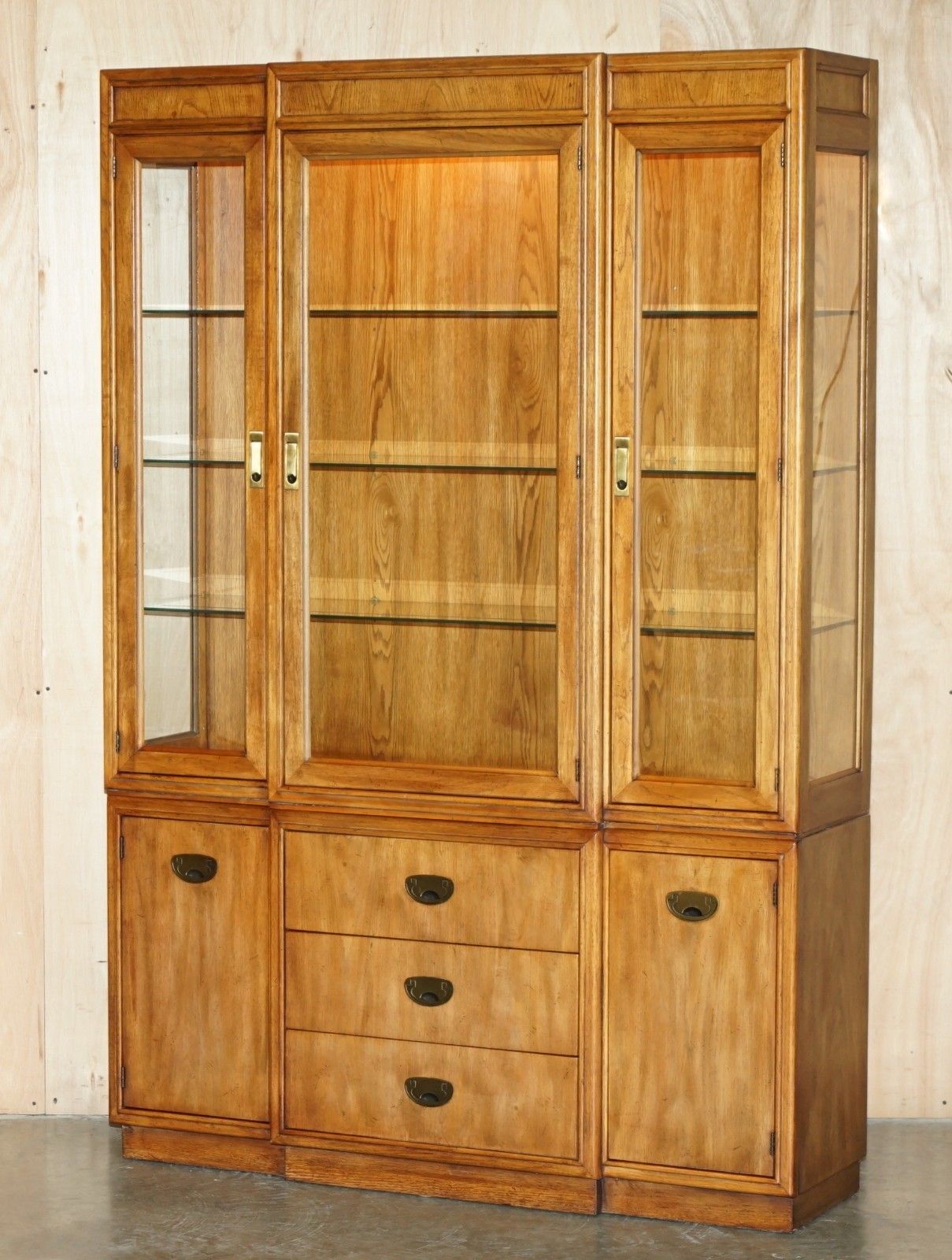 Vintage Triple Spot Light Military Campaign Drexel Heritage Cabinet Bookcase photo furniture