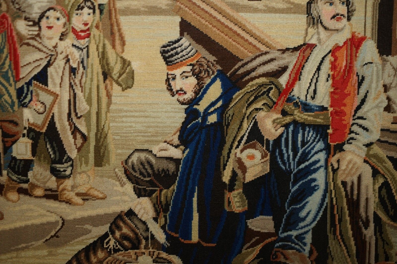 Antique French 19th Century Needlework Embroidery Tapestry Picture Of Sailors photo vinterior