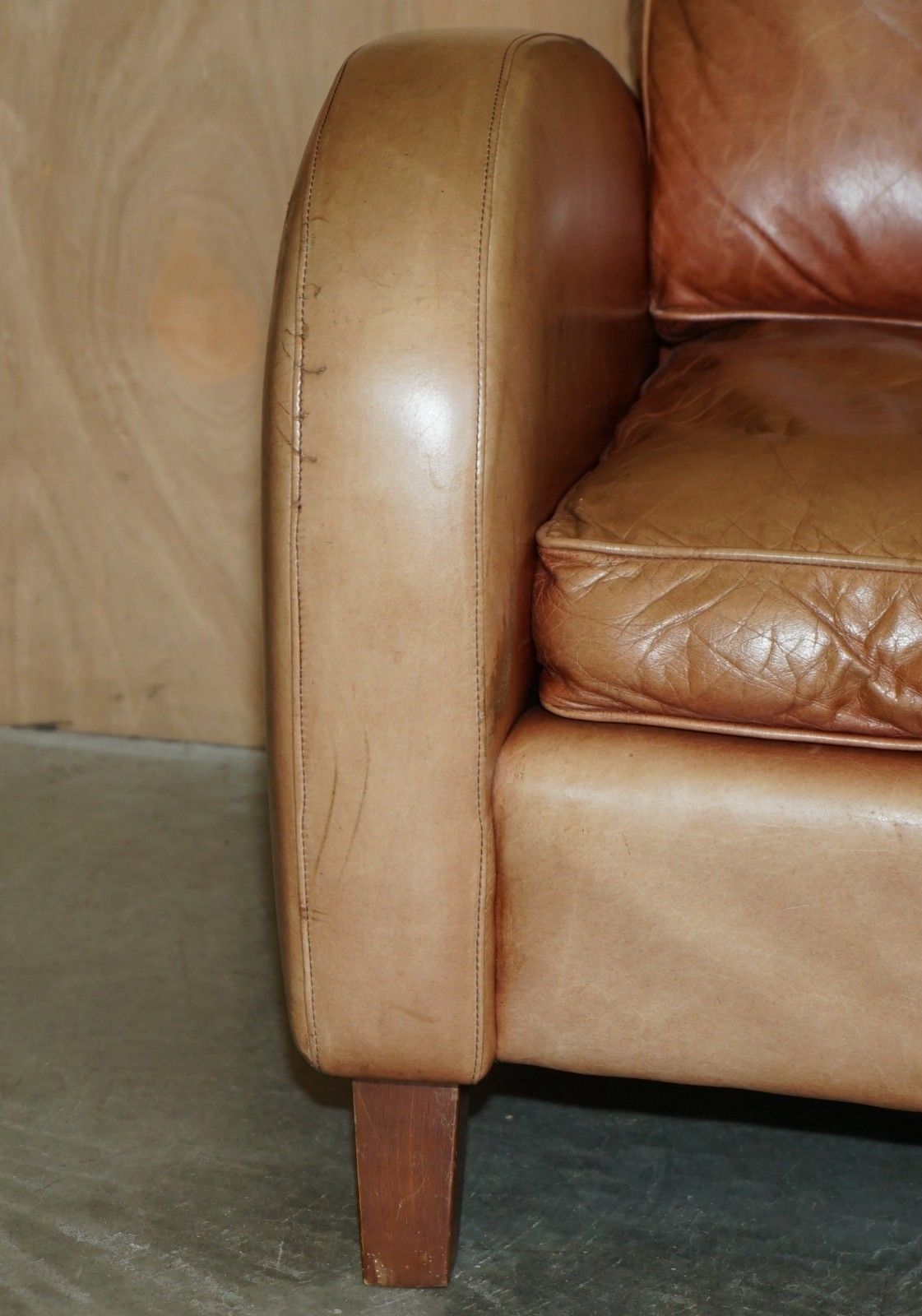 photo for sale Brights Of Nettlebed Brown Leather Art Deco Sofa & Pair Of Armchairs Suite