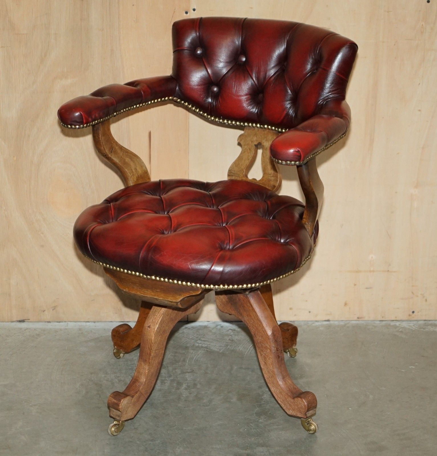 Fine Antique Victorian Chesterfield Tufted Oxblood Leather Captains Swivel Chair photo furniture