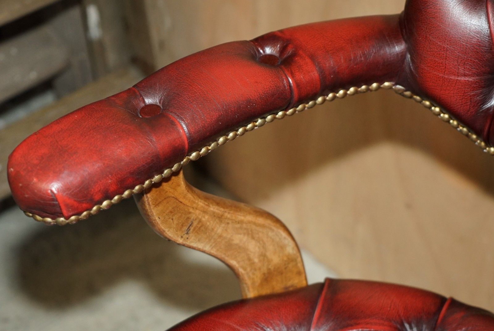 Furniture Fine Antique Victorian Chesterfield Tufted Oxblood Leather Captains Swivel Chair photo