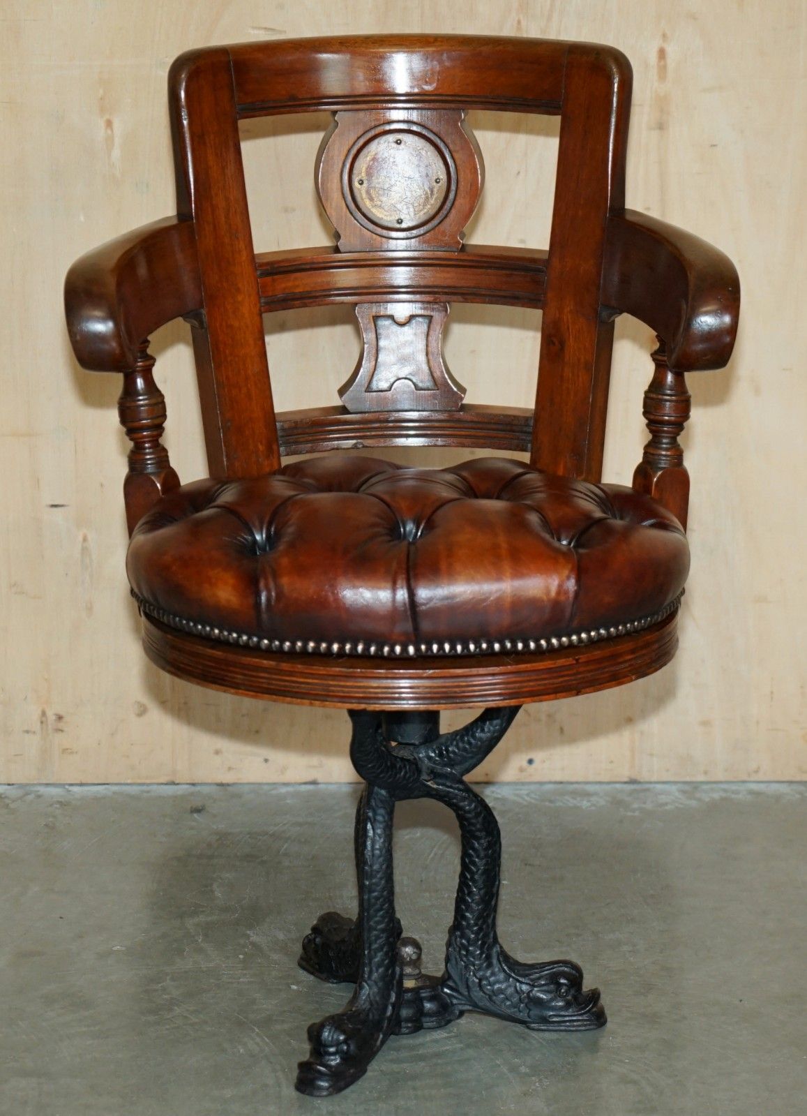 Fine Antique Victorian Restored Brown Leather Chesterfield Tufted Captains Chair photo for sale