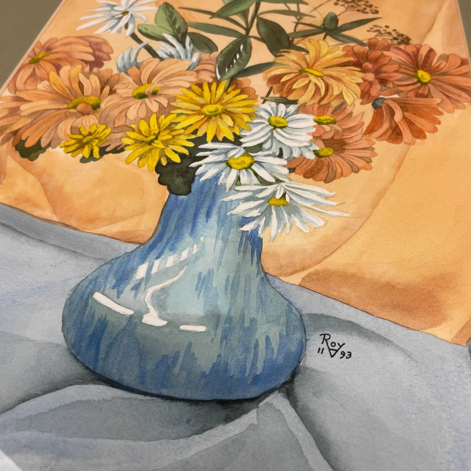 Vintage Watercolour Painting Still Life Floral Picture Flowers Wooden Frame Original Art Artwork Rectangle Portrait Wall Hanging Vase photo Art