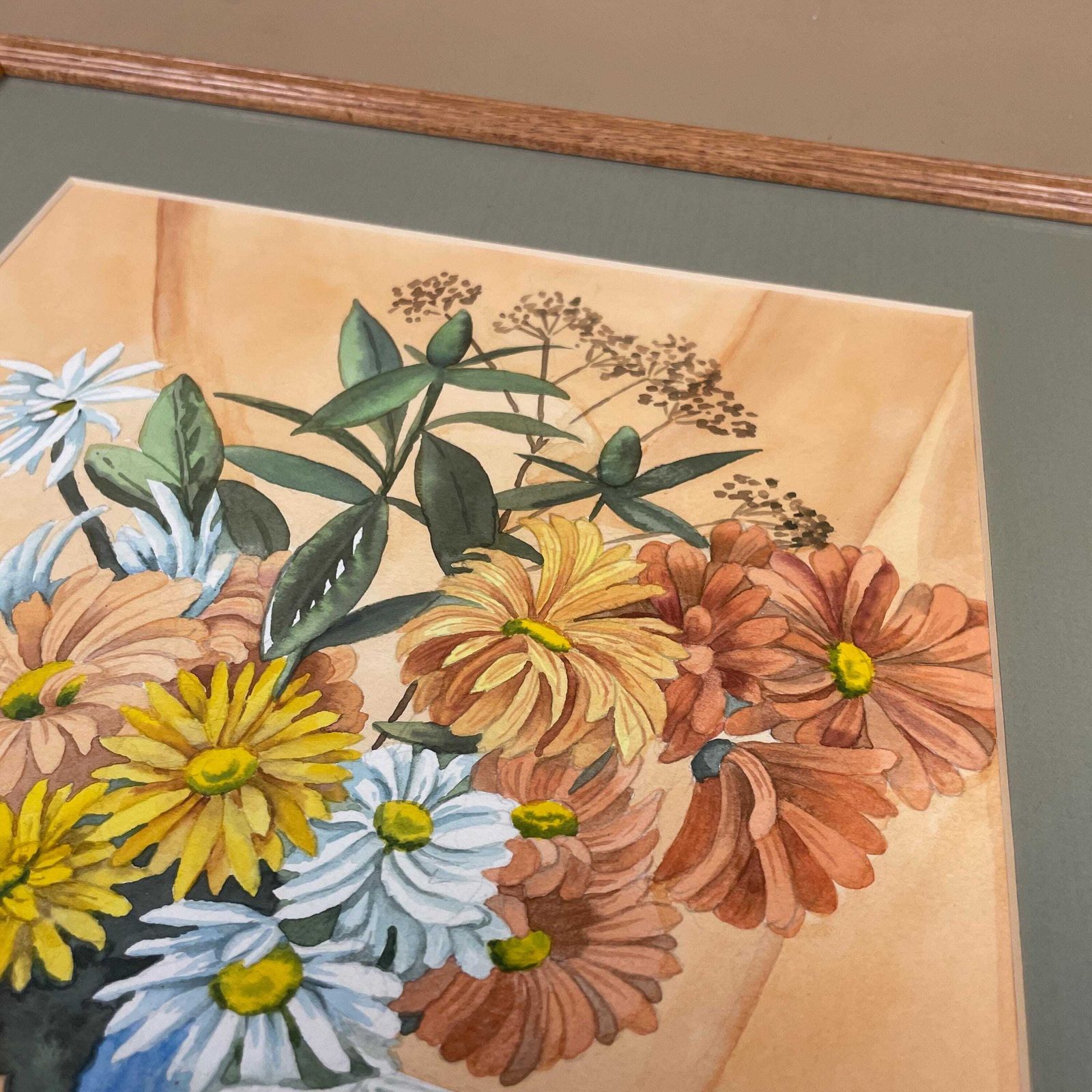 Vintage Watercolour Painting Still Life Floral Picture Flowers Wooden Frame Original Art Artwork Rectangle Portrait Wall Hanging Vase photo 55.0