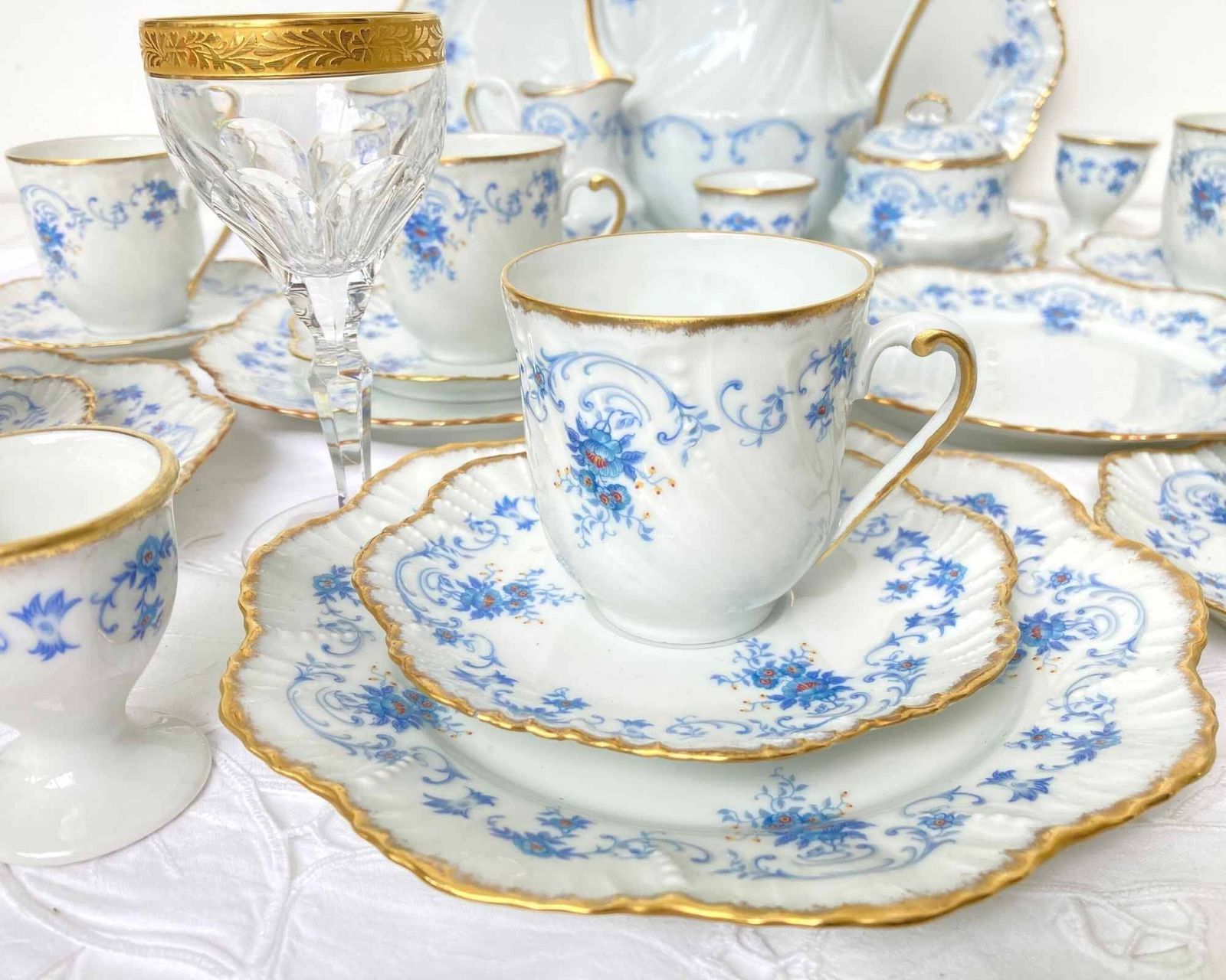 photo for sale Royal Limoges Tea Set | 22pcs | Baby Blue With Gold Trim | Fontainebleu