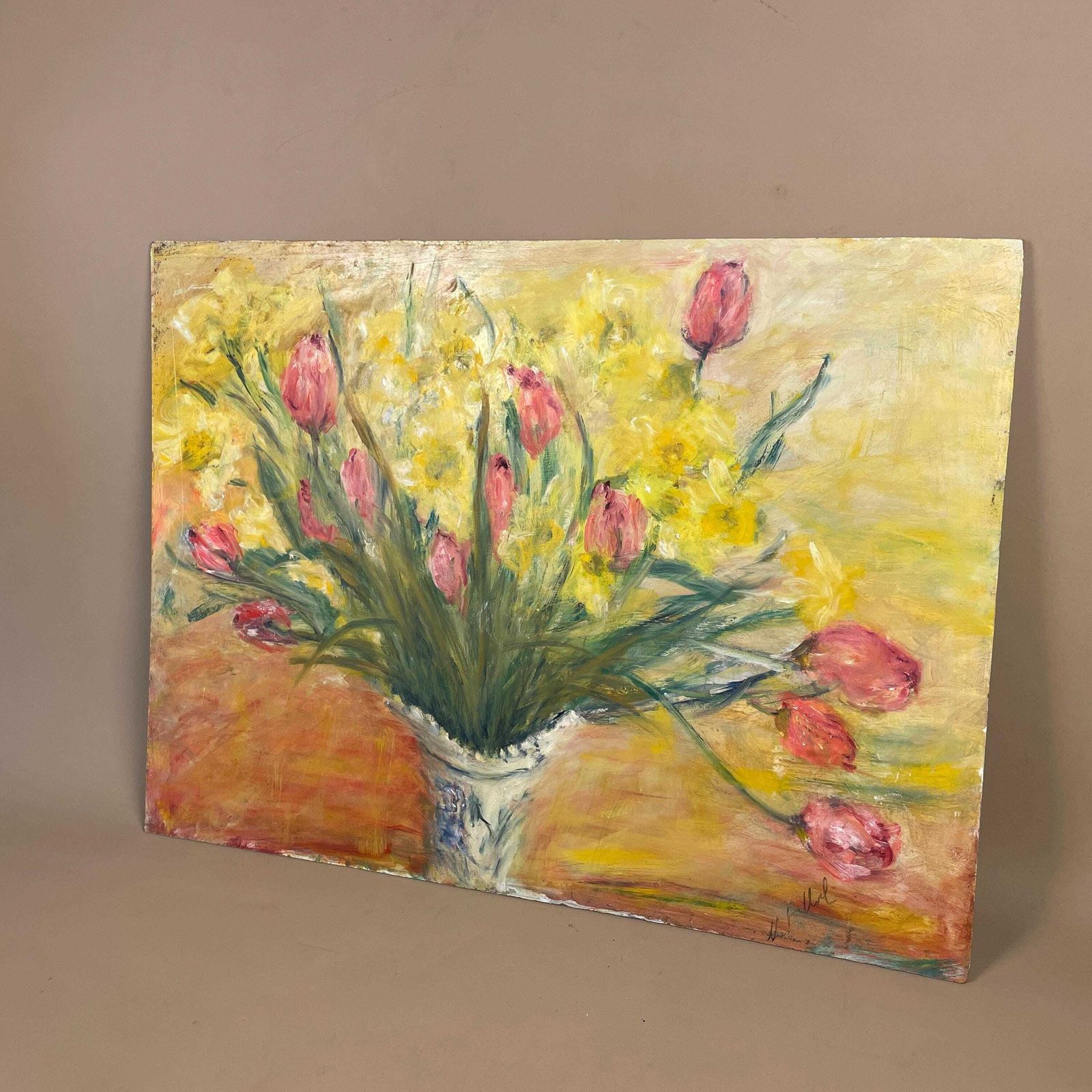 Antique Floral Oil Painting Picture Vintage Flowers Painted Art Original Oils Oil Rectangle Landscape Bunch Pot Vase Yellow 46x61cm photo Art