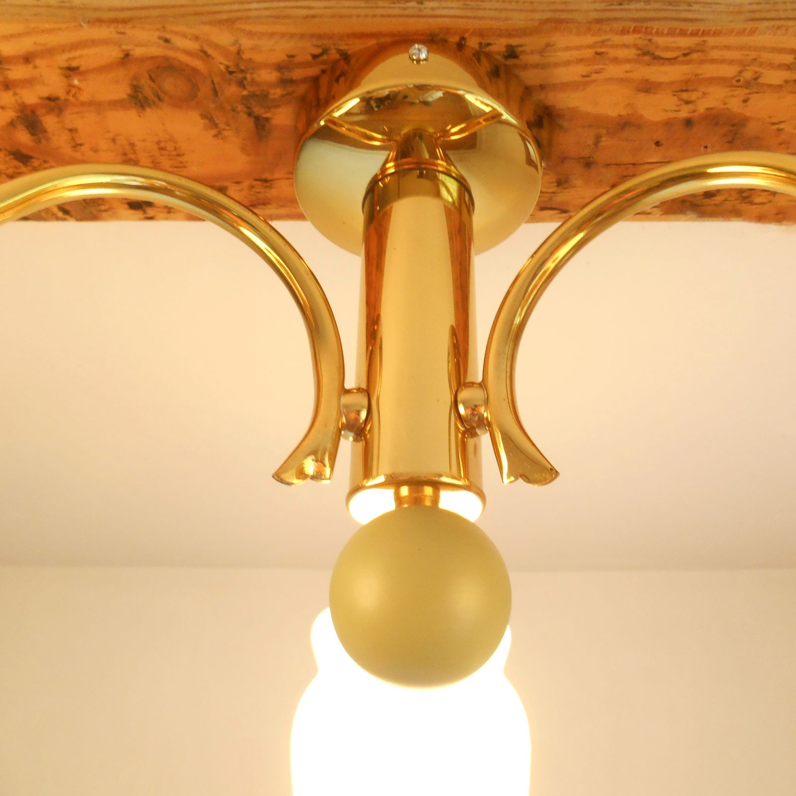 A Mid Century Modern Three Armed Brass Chandelier With Frosted Glass Shades photo vintage