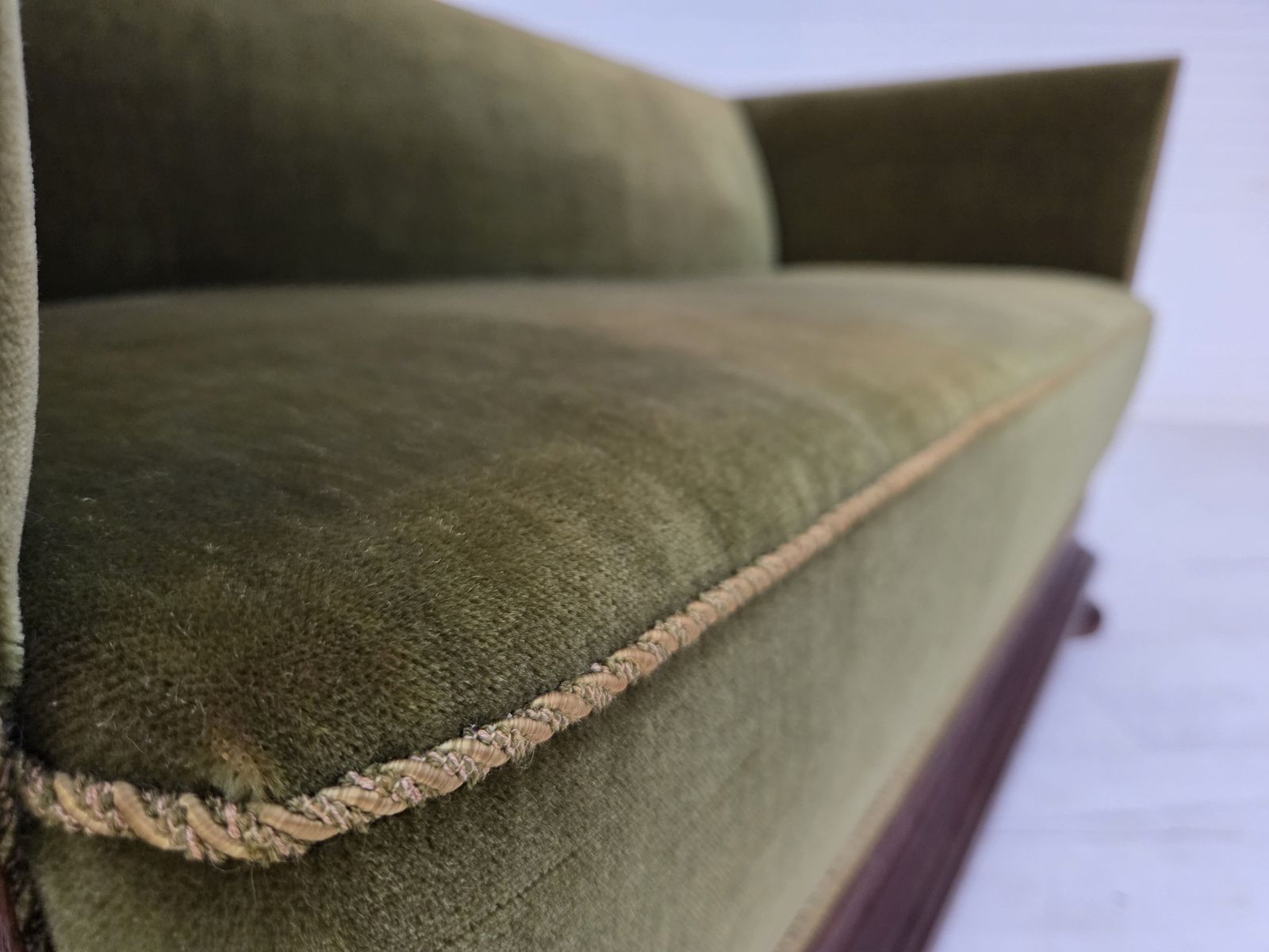 1950s, Danish 2 Seater Sofa, Original Green Furniture Velour, Oak Wood. photo furniture