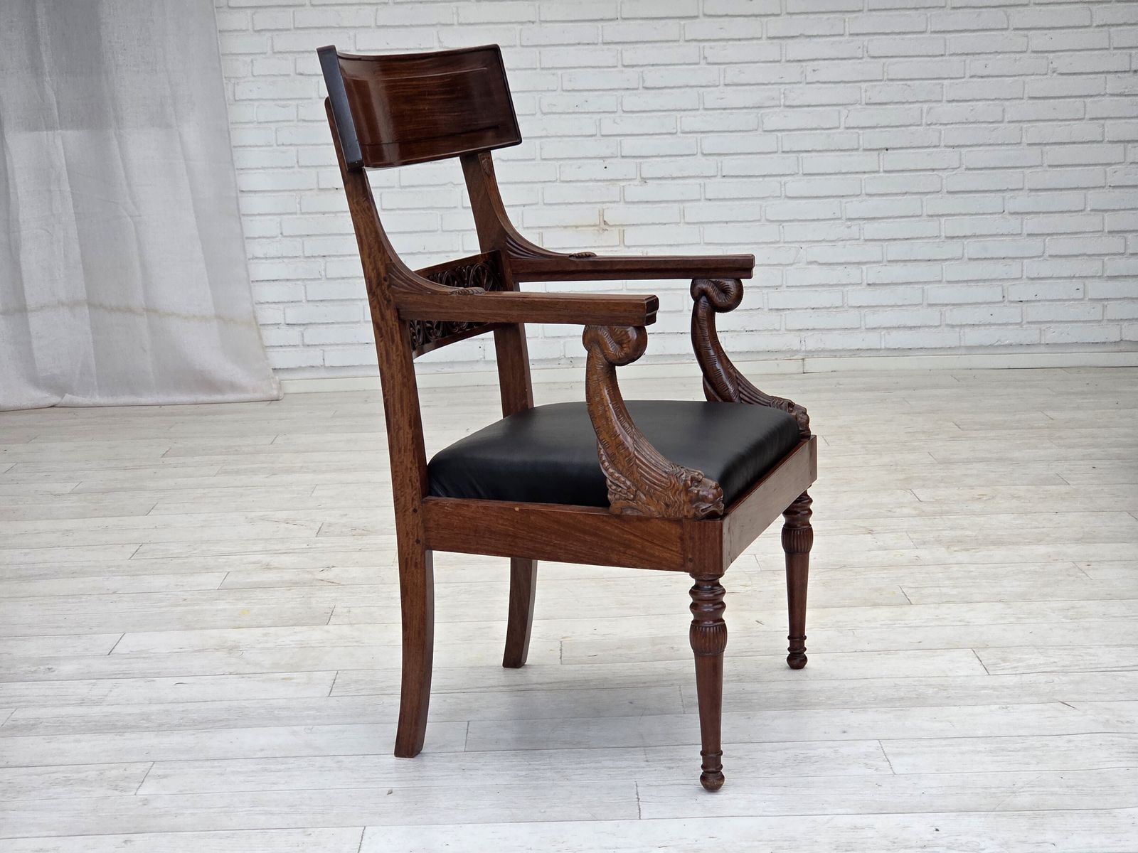 1920 30s, Set Of 2 Armchairs, Design After Georges Jacob, Carved Teak Wood, Leather, Reupholstered. photo for sale