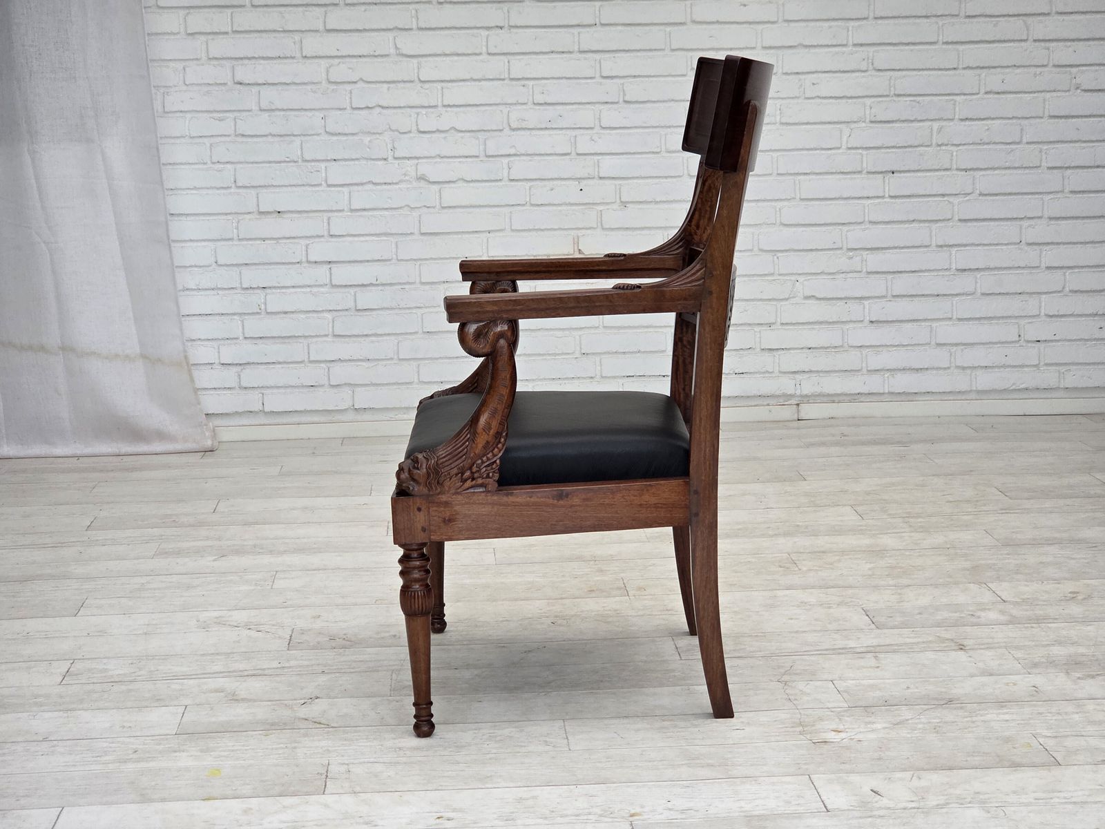 1920 30s, Set Of 2 Armchairs, Design After Georges Jacob, Carved Teak Wood, Leather, Reupholstered. photo Furniture