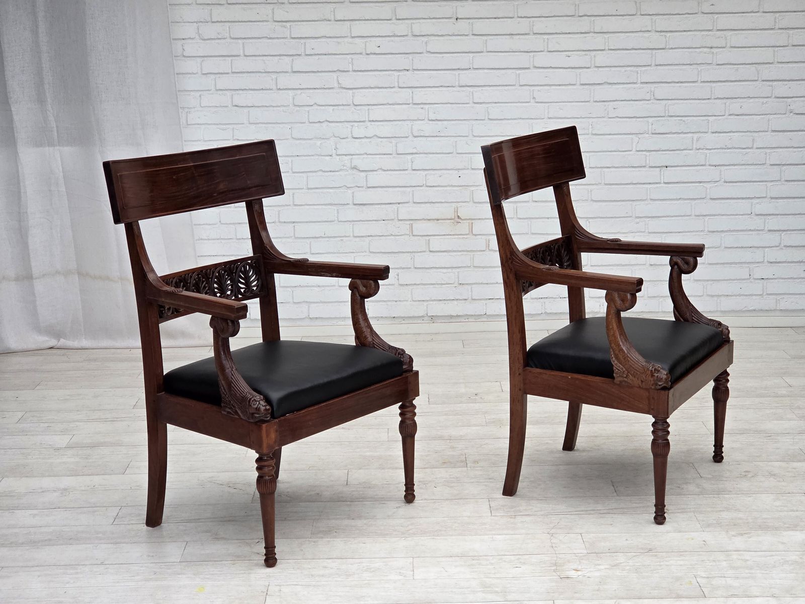Furniture 1920 30s, Set Of 2 Armchairs, Design After Georges Jacob, Carved Teak Wood, Leather, Reupholstered. photo