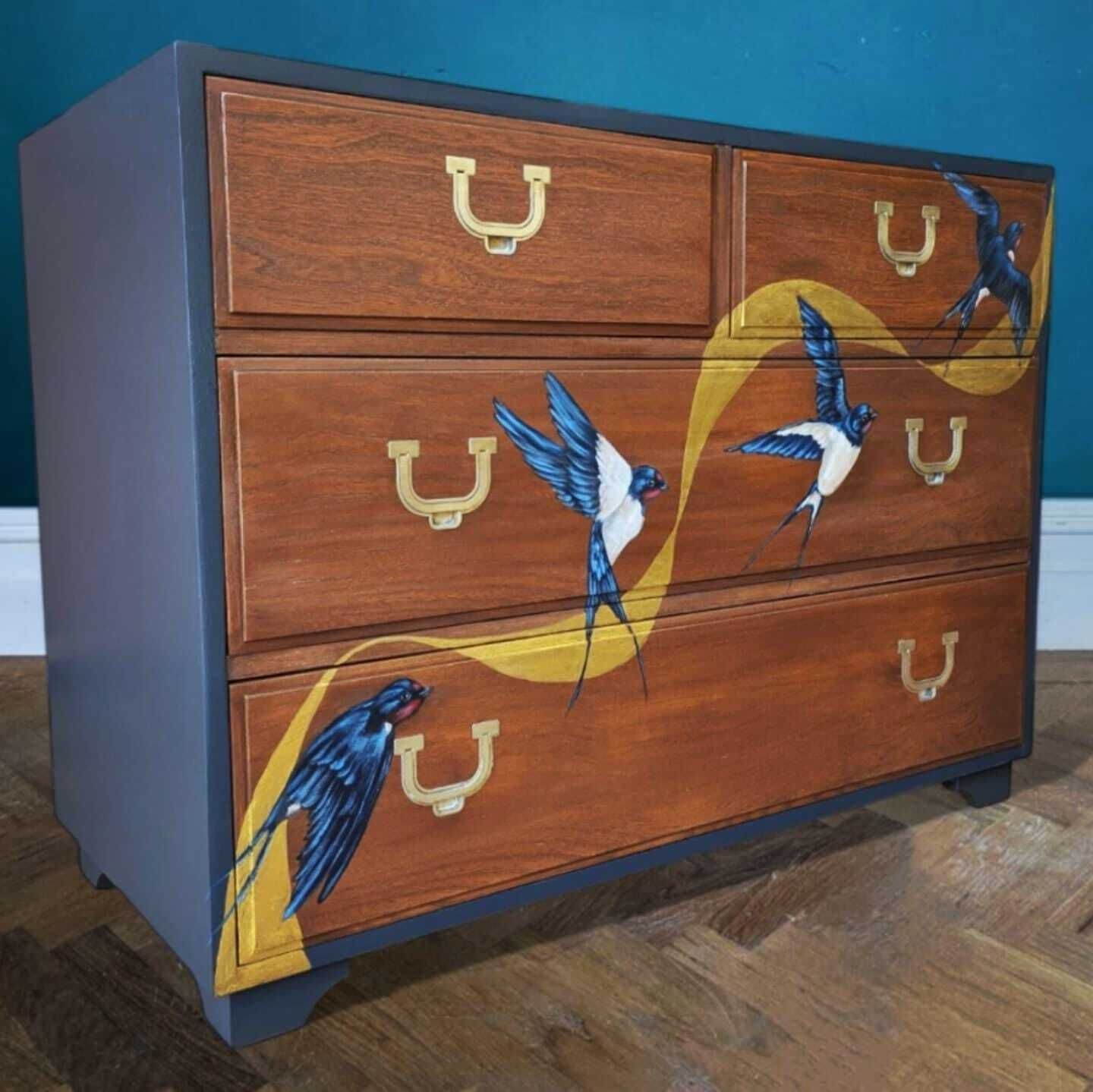 Reproduction Campaign Chest With Hand Painted Swallow Design photo for sale