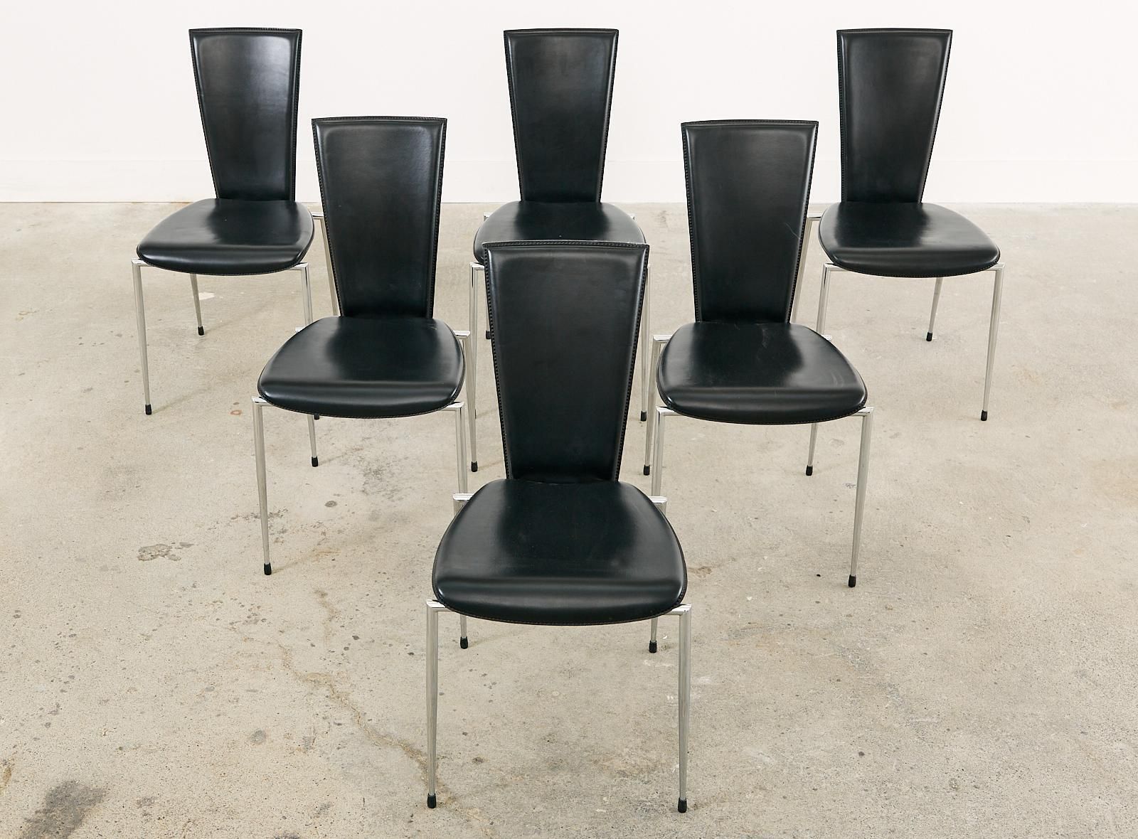 Set Of Six Italian Arper Modern Leather Chrome Dining Chairs photo 4306.0